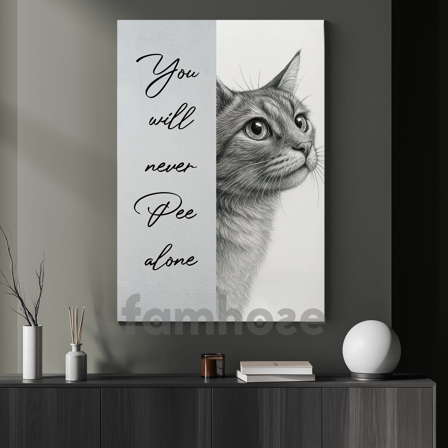 Funny Cat Toilet Canvas Painting, You Will Never Pee Alone Bathroom Wall Art Decor, Restroom Poster Gift For Cat Lovers