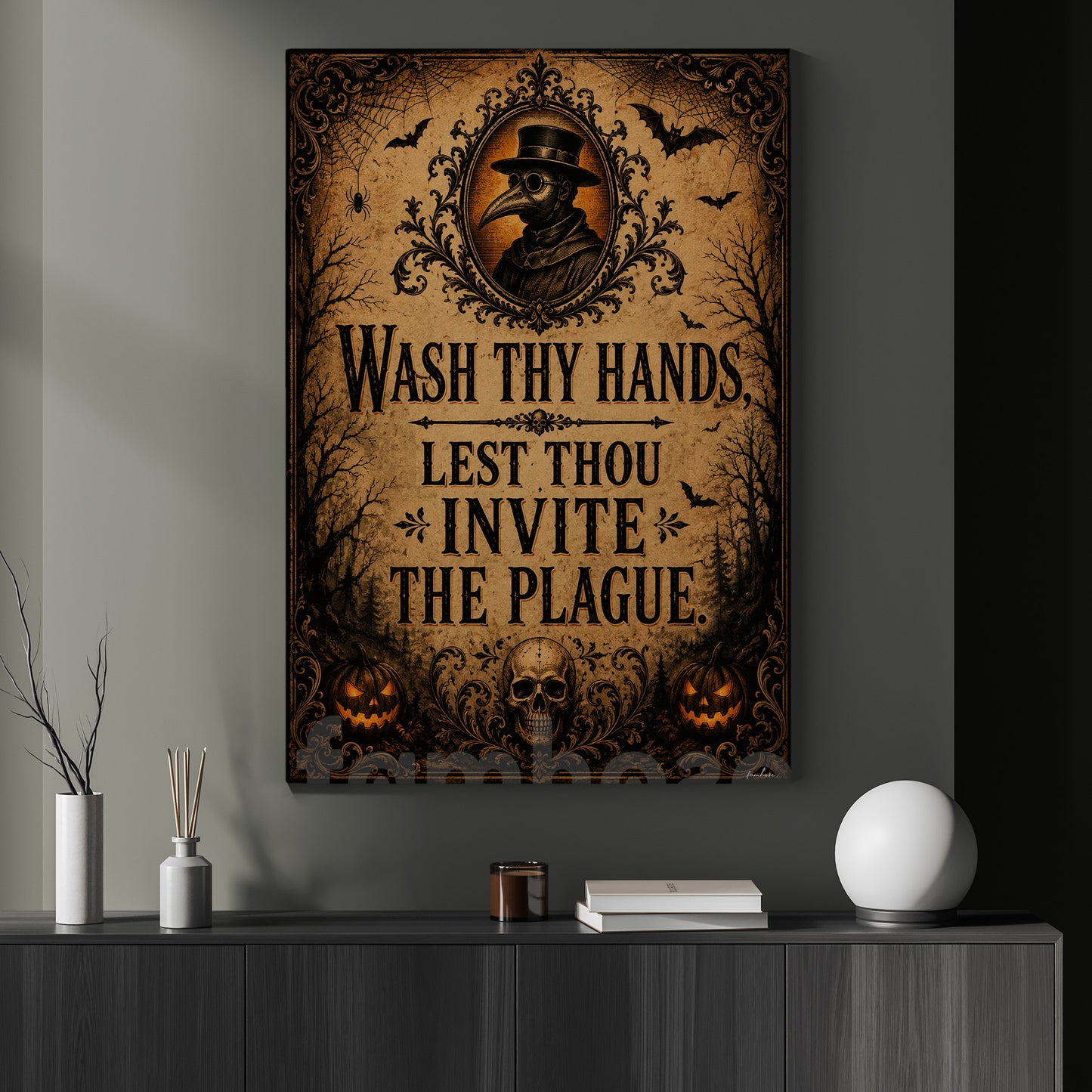 Halloween Wash Hands Toilet Canvas Painting, Lest Thou Invite The Plague Bathroom Wall Art Decor, Spooky Season Restroom Poster Gift Plague Doctor Lover