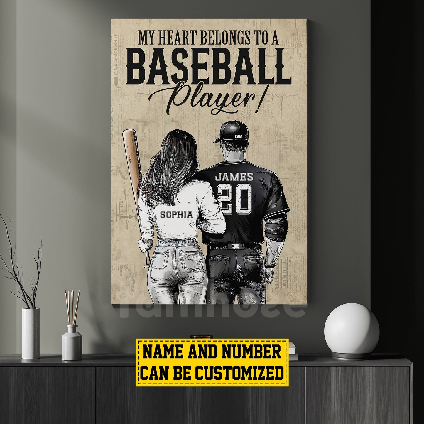 Romantic Personalized Couple Baseball Canvas Painting, My Heart Belongs To A Baseball Player Wall Art Decor, Poster Valentine's Day Gift For Baseball-Loving Couple