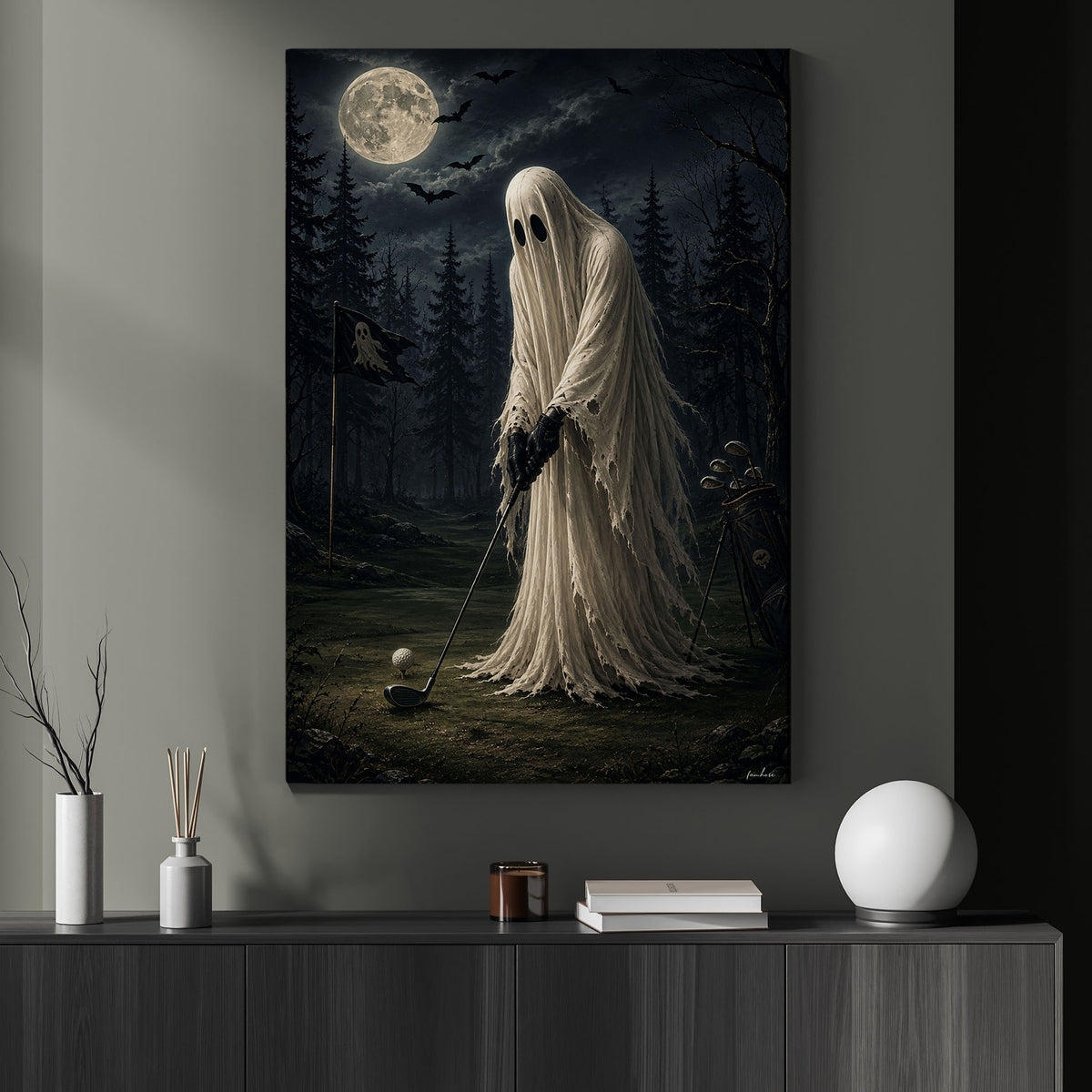 Halloween Ghost Golf Canvas Painting, Golfing After Death Wall Art Decor, Spooky Season Poster Gift For Golf Lover