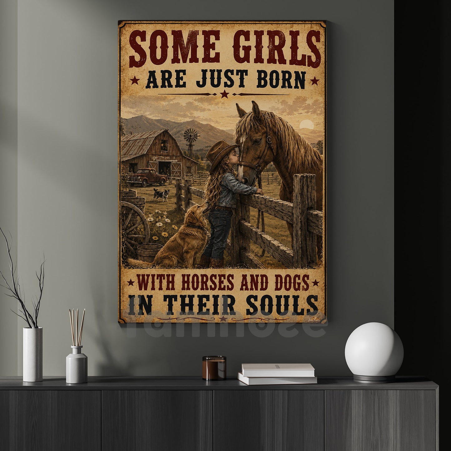 Cowgirl Girl Horse Dog Canvas Painting, Some Girls Are Just Born Wall Art Decor, Poster Gift For Cowgirl
