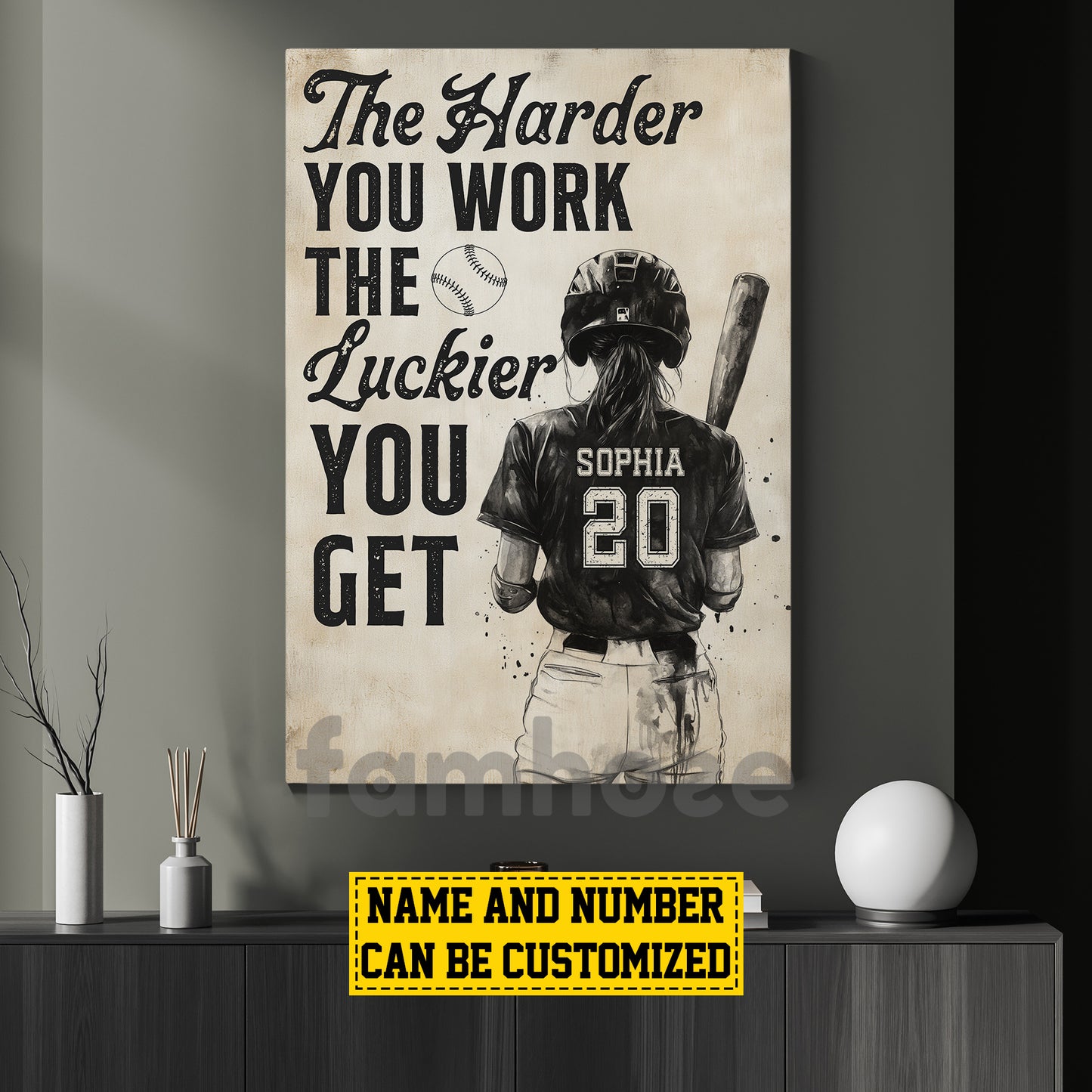 Personalized Softball Girl Canvas Painting, The Harder You Work Sport Wall Art Decor, Poster Gift For Softball Lovers