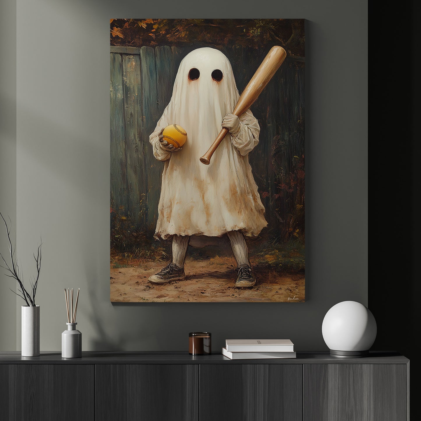 Ghostly Batter Canvas Painting, Spooky Season Wall Art Decor, Halloween Poster Gift For Ghost Lovers