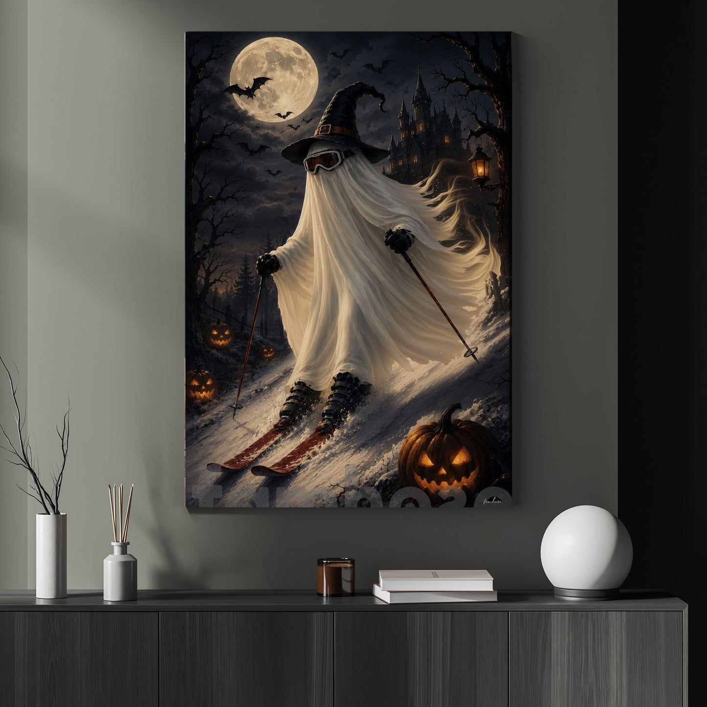 Halloween Skiing Ghost Canvas Painting, No Body, No Problem, Just Ski Wall Art Decor, Spooky Season Poster Gift For Skiing Lover