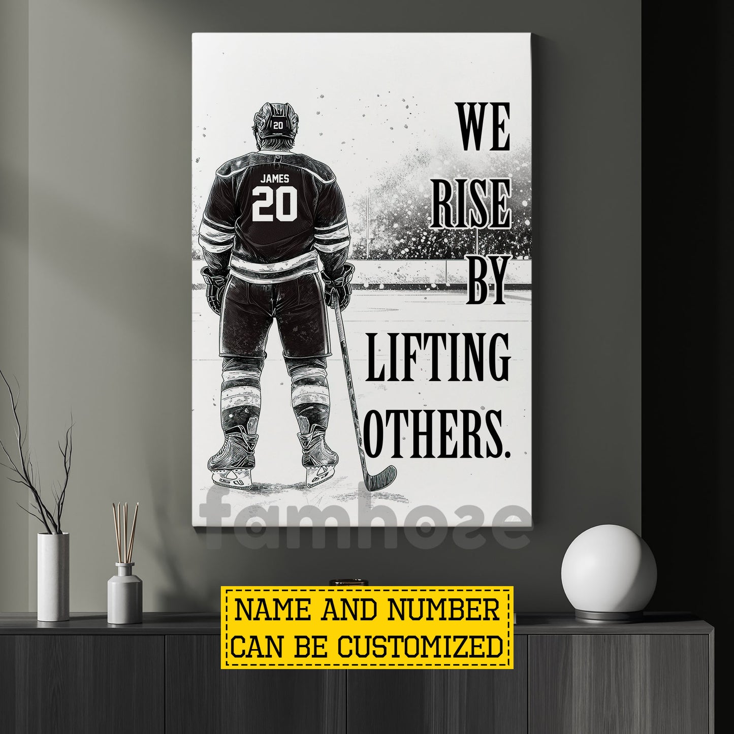 Personalized Hockey Man Canvas Painting, We Rise By Lifting Others Sport Wall Art Decor, Poster Gift For Hockey Lover