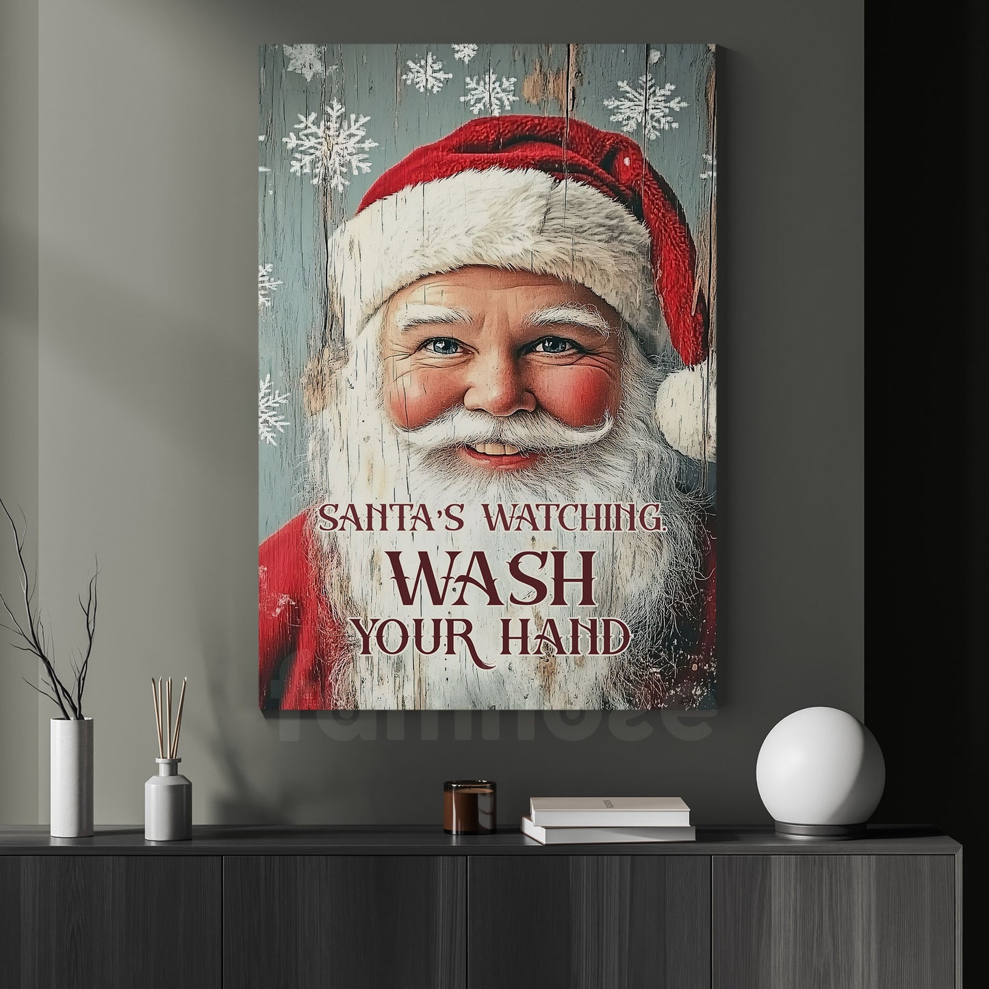 Funny Christmas Canvas Painting, Santa's Watching Wash Your Hand Wall Art Decor, Xmas Poster Gift