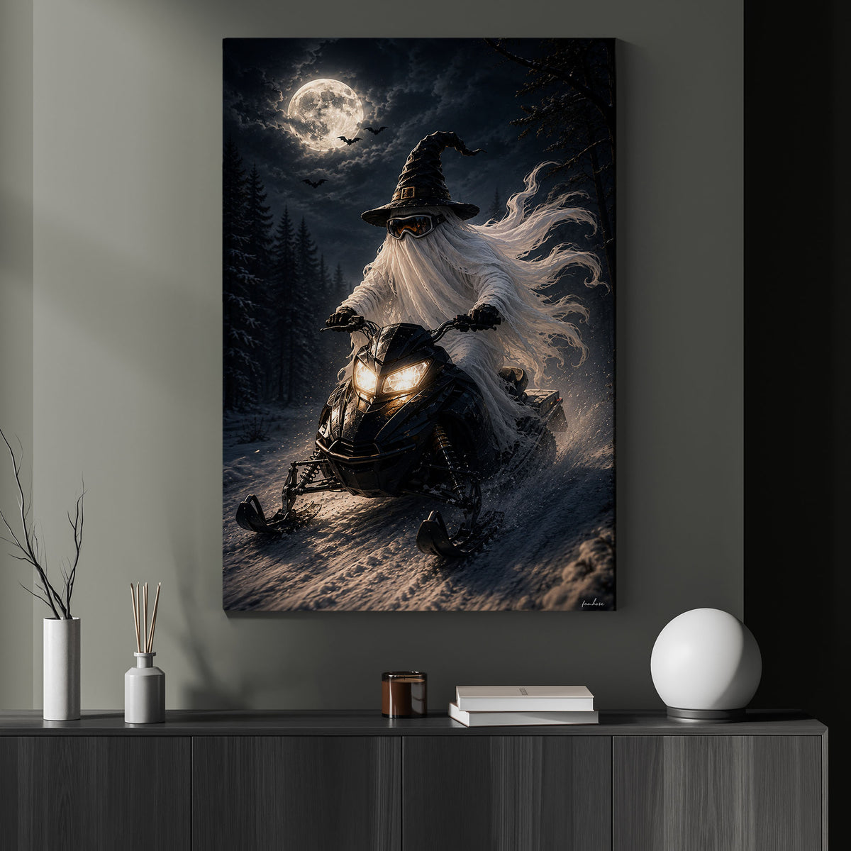 Halloween Snowmobile Ghost Canvas Painting, Midnight Ride Through the Haunted Snow Wall Art Decor, Spooky Season Poster Gift For Snowmobiling Lover