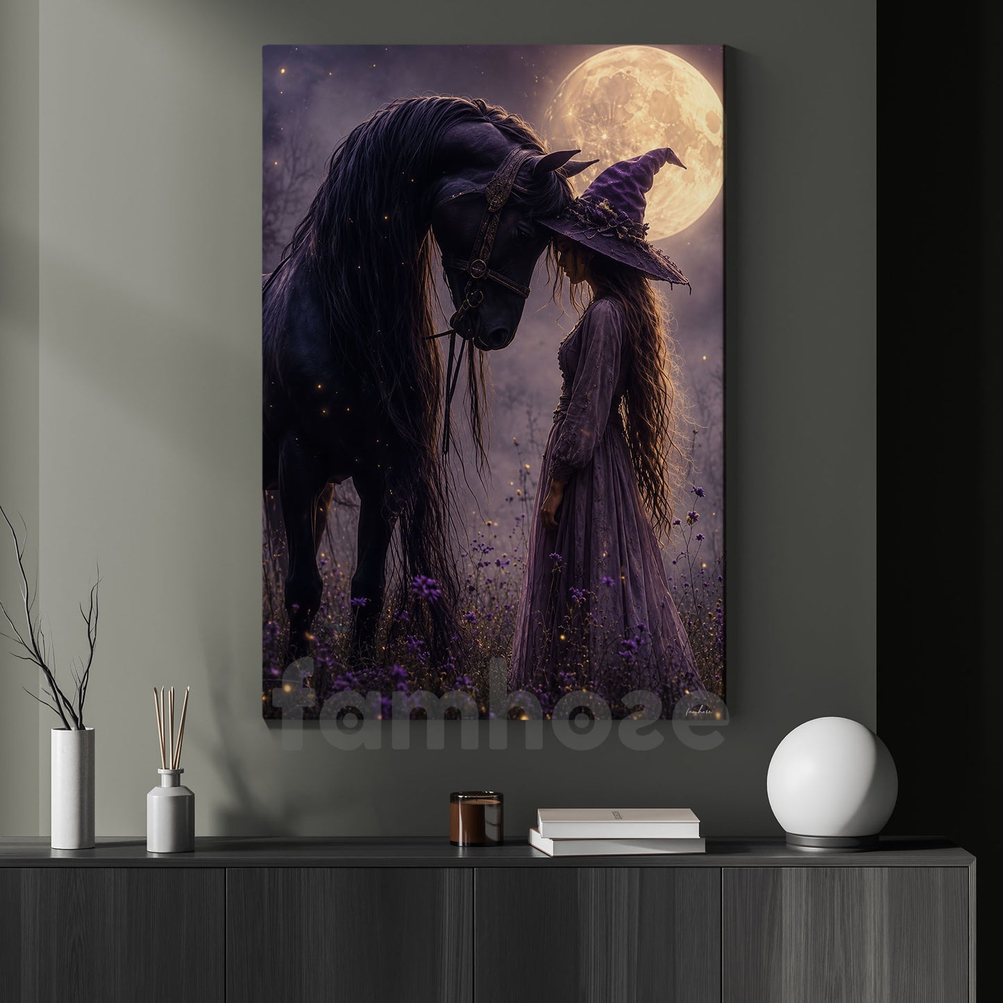 Halloween Witch And Black Horse Canvas Painting, Where Magic Meets The Wild Wall Art Decor, Spooky Season Poster Gift For Horse Girls
