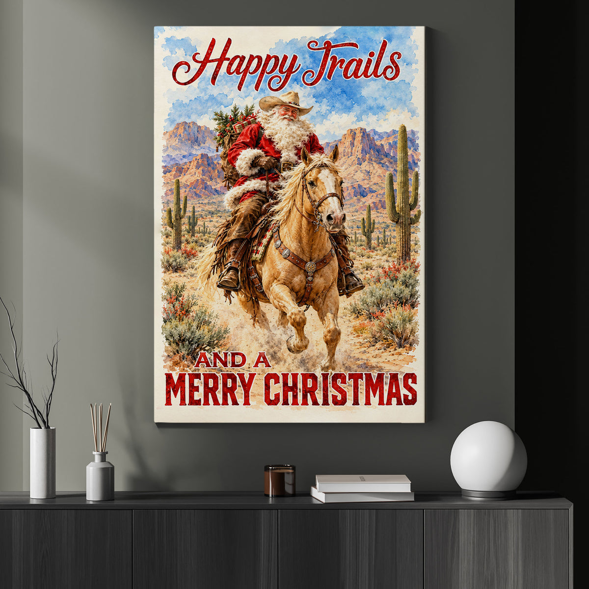 Christmas Trails Cowboy Quote Canvas Painting, Happy Trails And A Merry Christmas Wall Art Decor, Xmas Poster Gift For Cowboys
