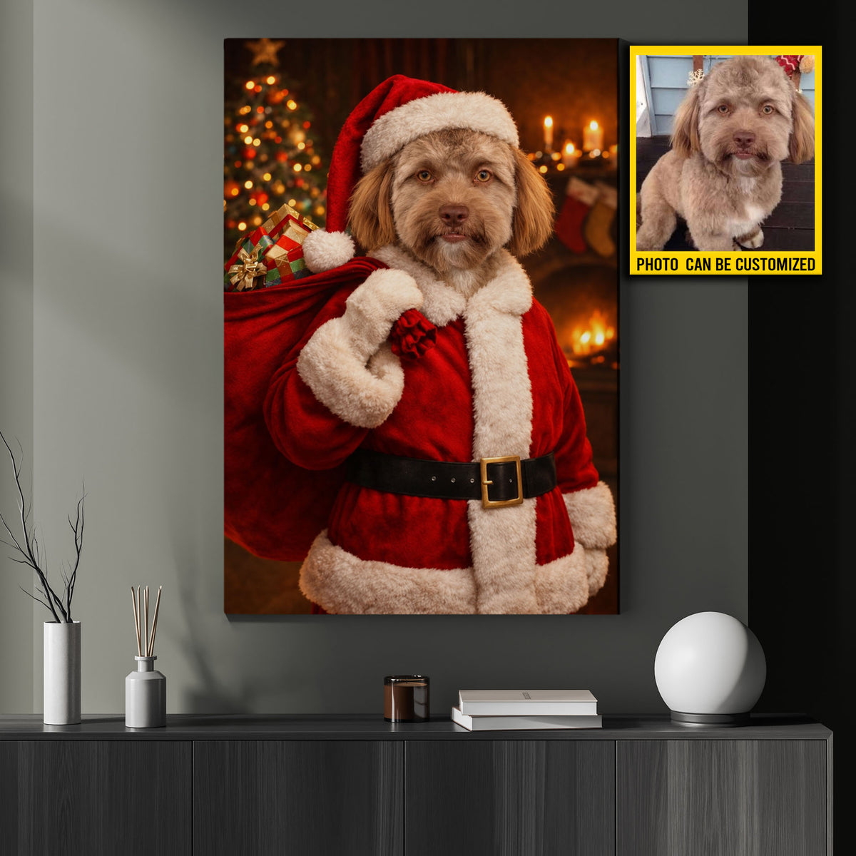 Personalized Christmas Dog Canvas Wall Art, Dog Santa Claus Christmas Pet Portrait Wall Art Decor, Xmas Poster Gift For Dog Lover