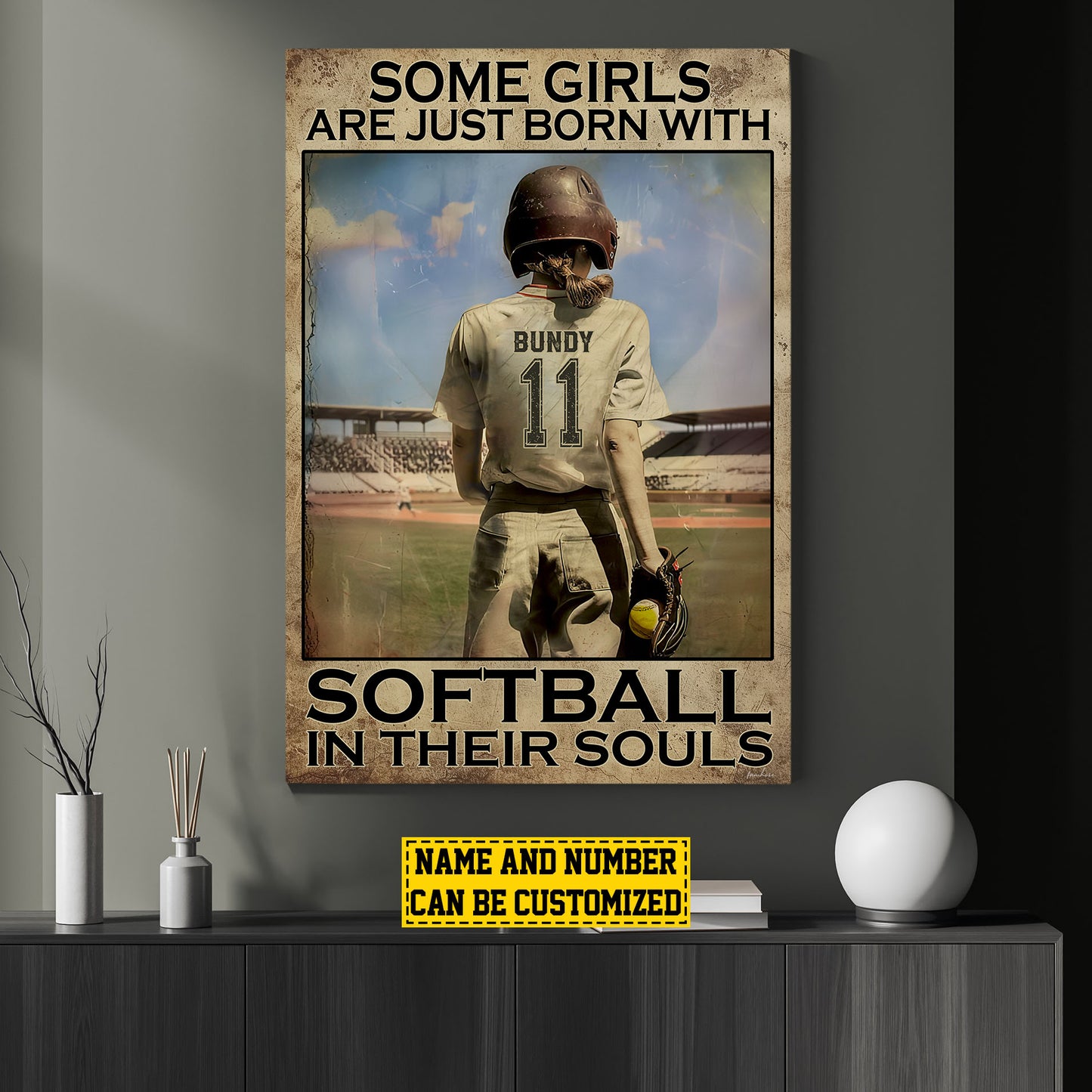 Personalized Motivational Softball Canvas Painting, Some Girls Are Just Born With Softball, Sports Quotes Wall Art Decor, Poster Gift For Softball Lovers