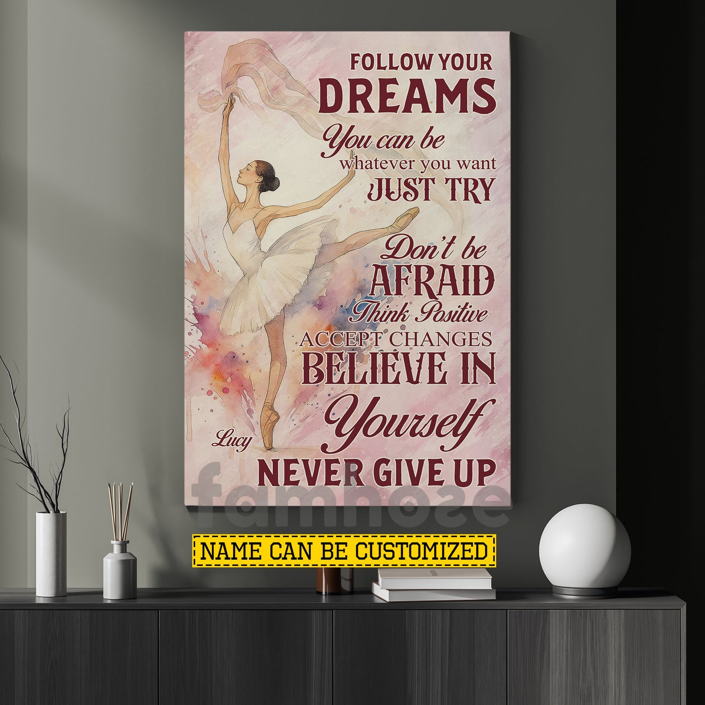 Motivational Personalized Ballet Girl Canvas Painting, Follow Your Dreams Just Try Never Give Up Sports Wall Art Decor, Poster Gift For Ballet Lovers