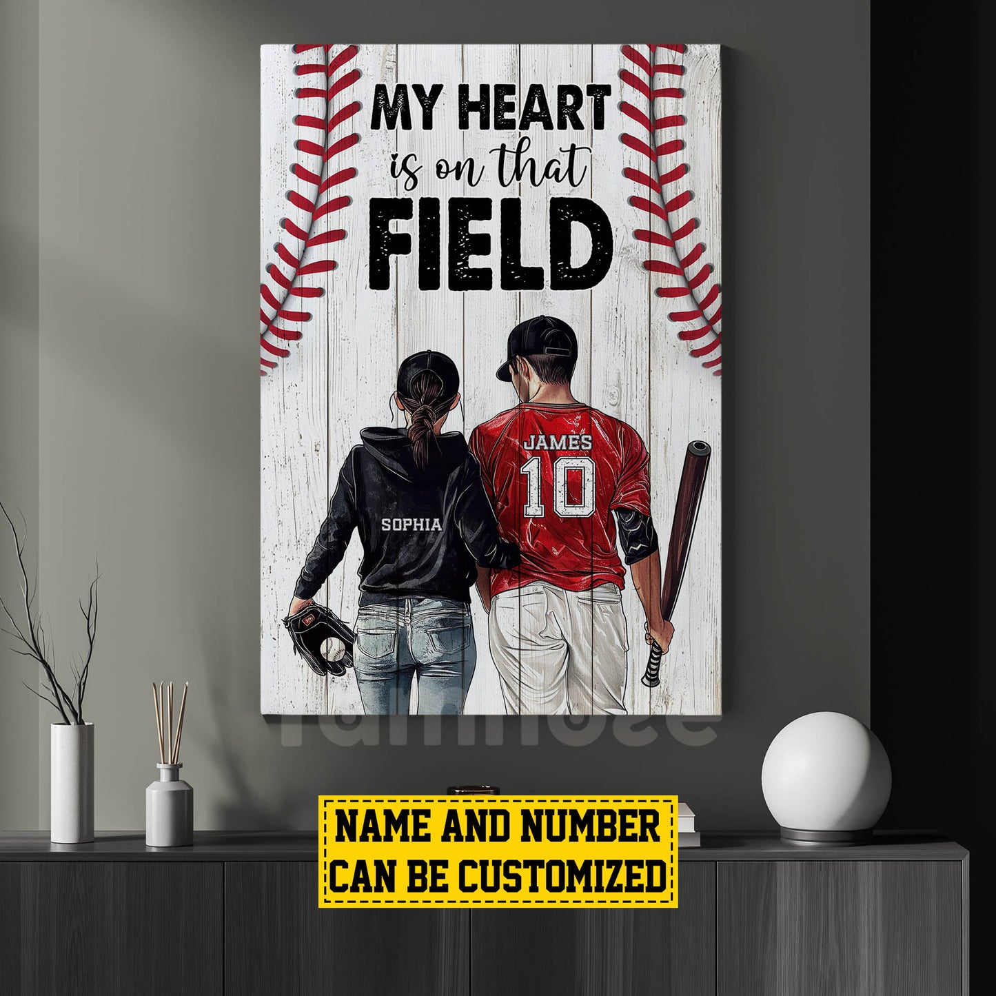 Romantic Personalized Couple Baseball Canvas Painting, My Heart Is On That Field Player Wall Art Decor, Poster Valentine's Day Gift For Baseball-Loving Couple