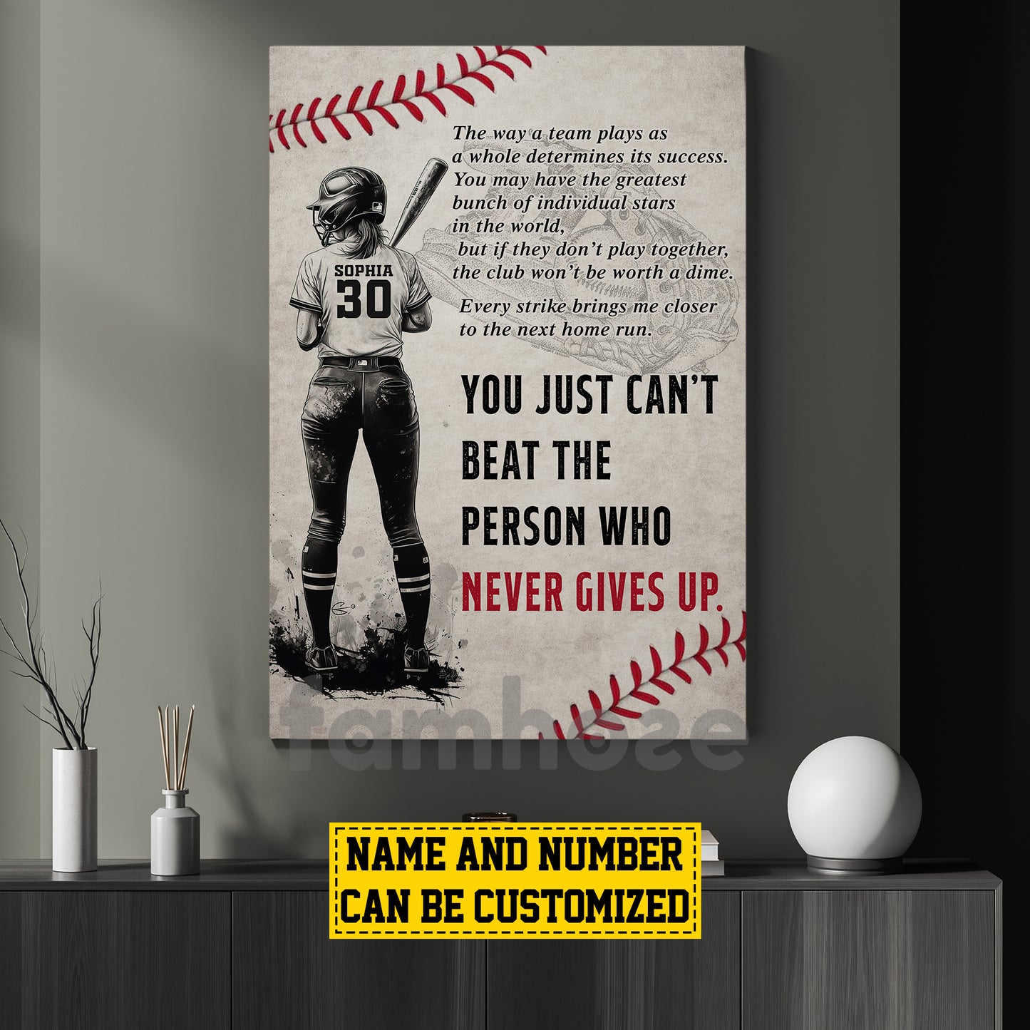 Personalized Softball Girl Canvas Painting, You Just Can't Beat The Person Who Never Gives Up Sport Wall Art Decor, Poster Gift For Softball Lovers