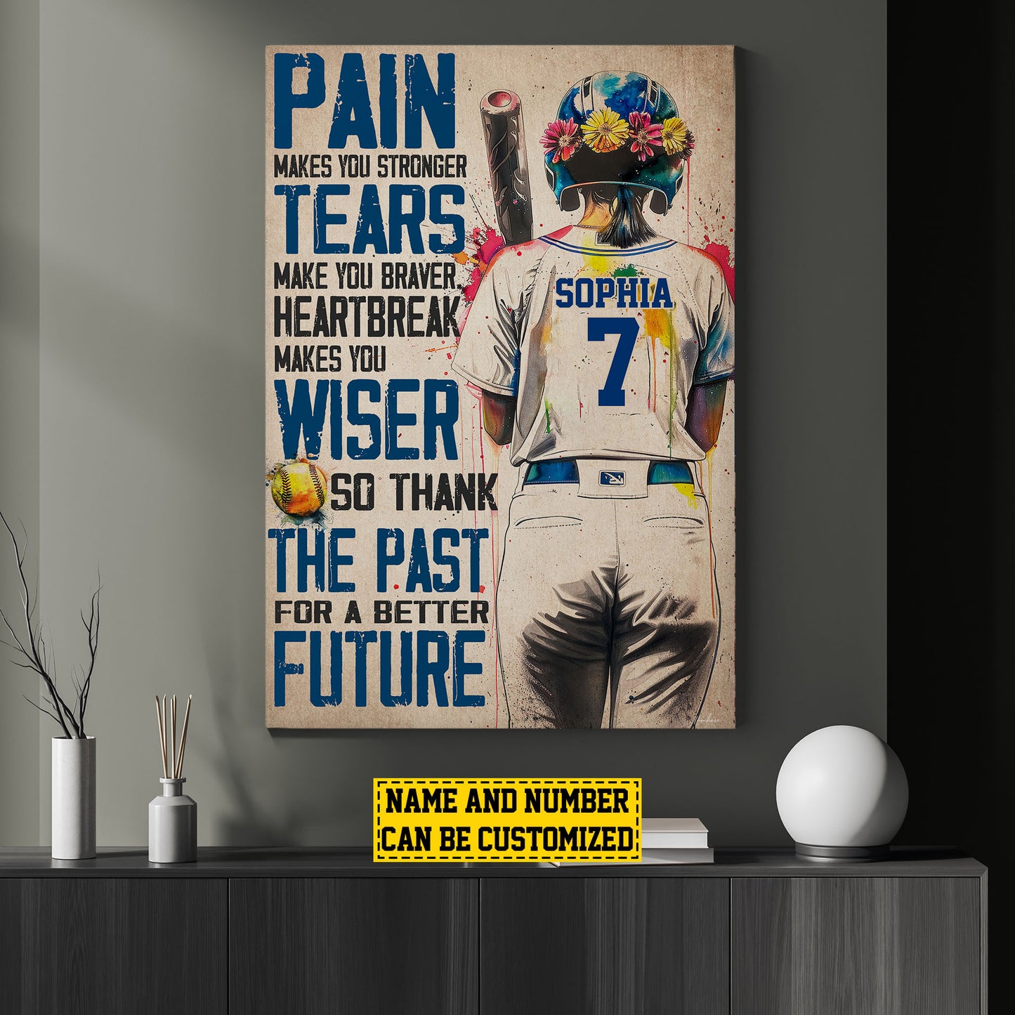 Personalized Motivational Softball Canvas Painting, Pain Makes You Stronger, Sports Quotes Wall Art Decor, Poster Gift For Softball Lovers, Softball Girls