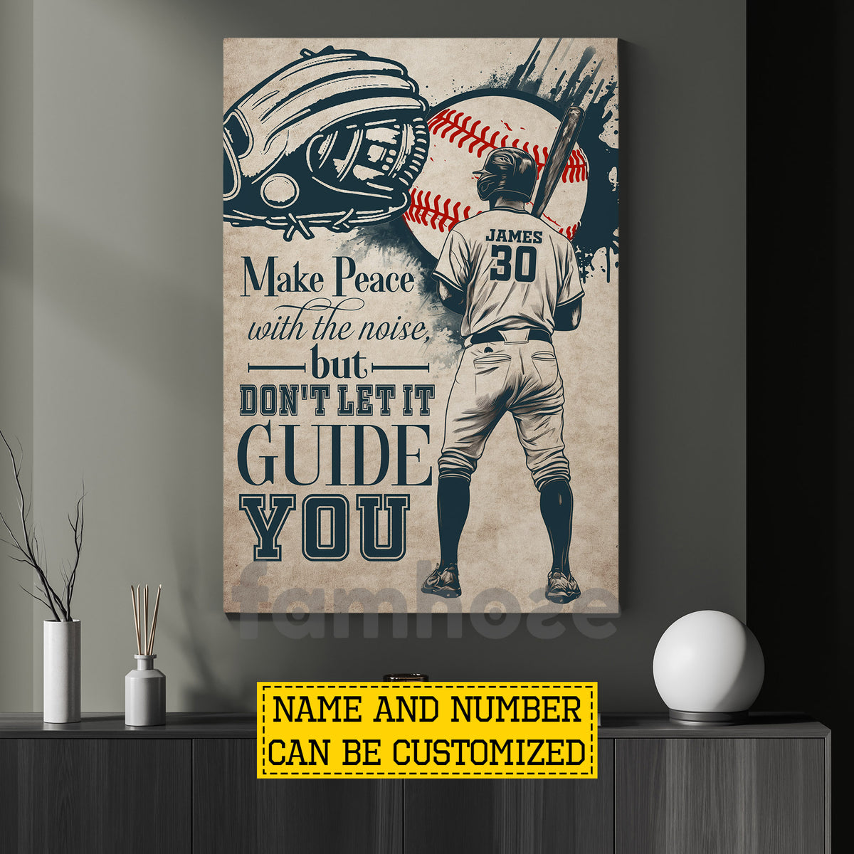 Motivational Baseball Man Canvas Painting, Make Peace With The Noise Sport Wall Art Decor, Poster Gift For Baseball Lovers