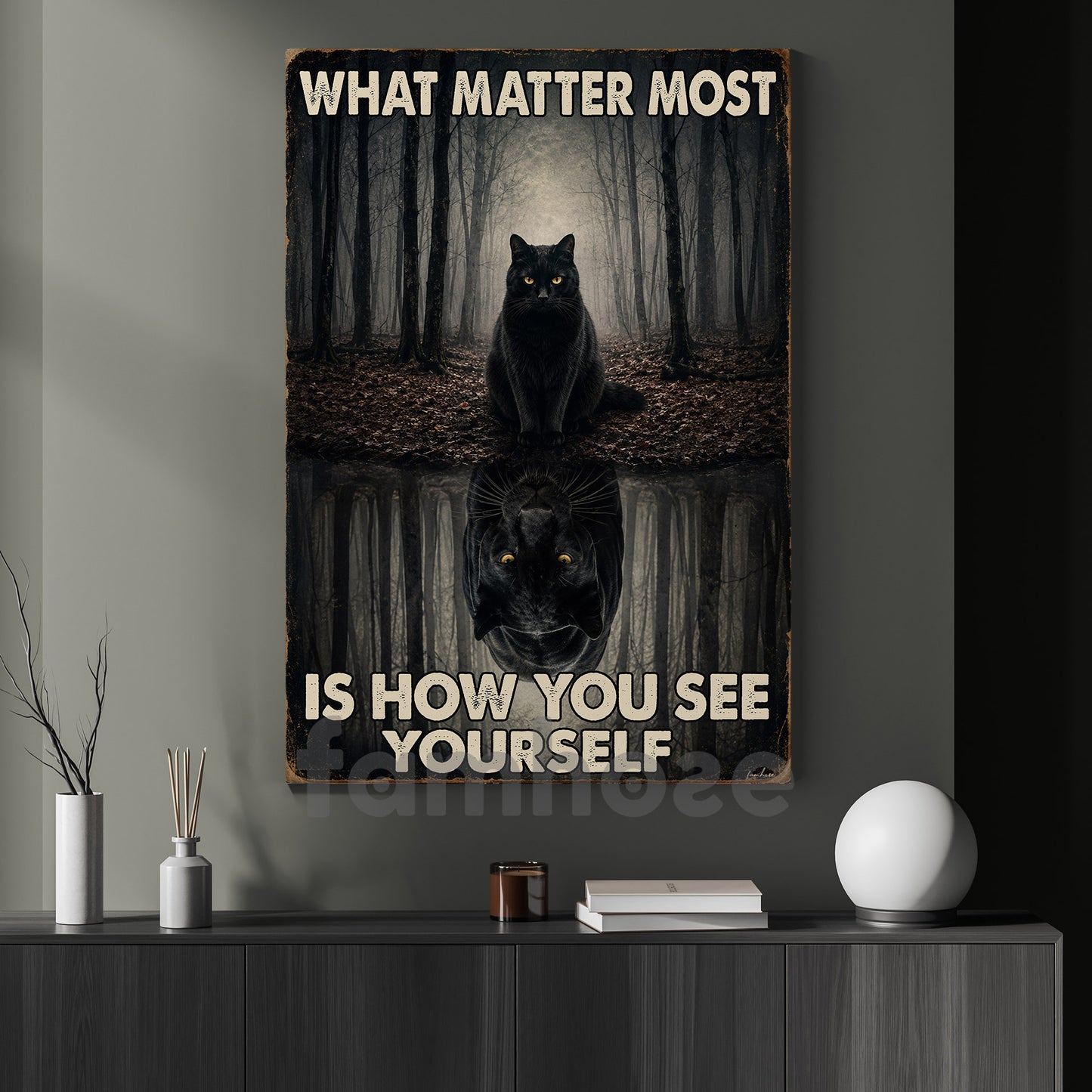 Motivational Black Cat Canvas Painting, What Matters Most Is How You See Yourself Wall Art Decor, Poster Gift For Cat Lover