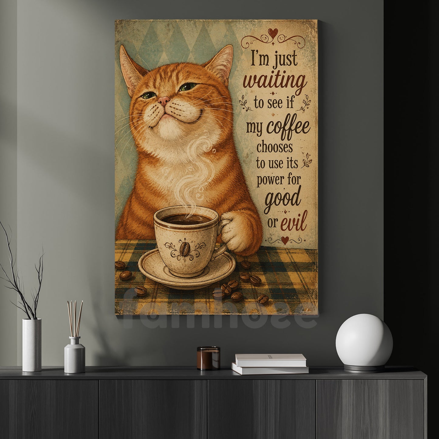 Funny Coffee Cat Canvas Painting, I'm Just Waiting To See Wall Art Decor, Poster Gift For Cat Lovers, Coffee Lovers