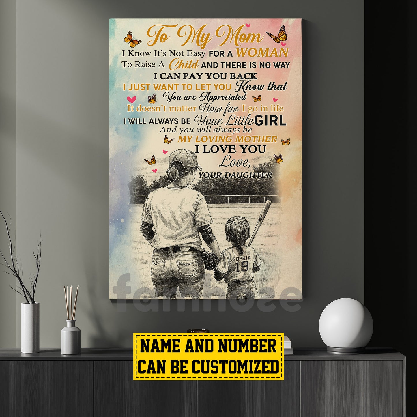 Personalized Softball Mom & Daughter Canvas Painting, To My Mom I Know It's Not Easy Sport Wall Art Decor, Poster Mother's Day Gift For Mom From Softball Girl