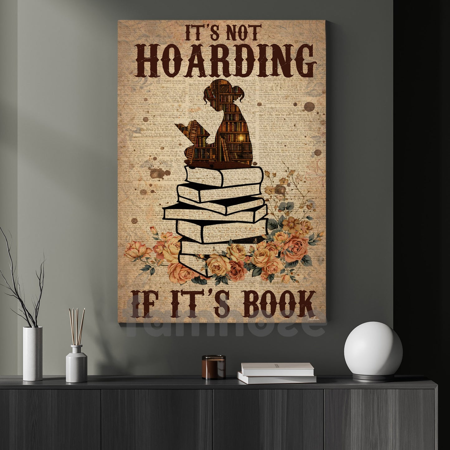 Funny Reading Girl Canvas Painting, It's Not Hoarding If It's Book Wall Art Decor, Poster Gift For Reading Lovers