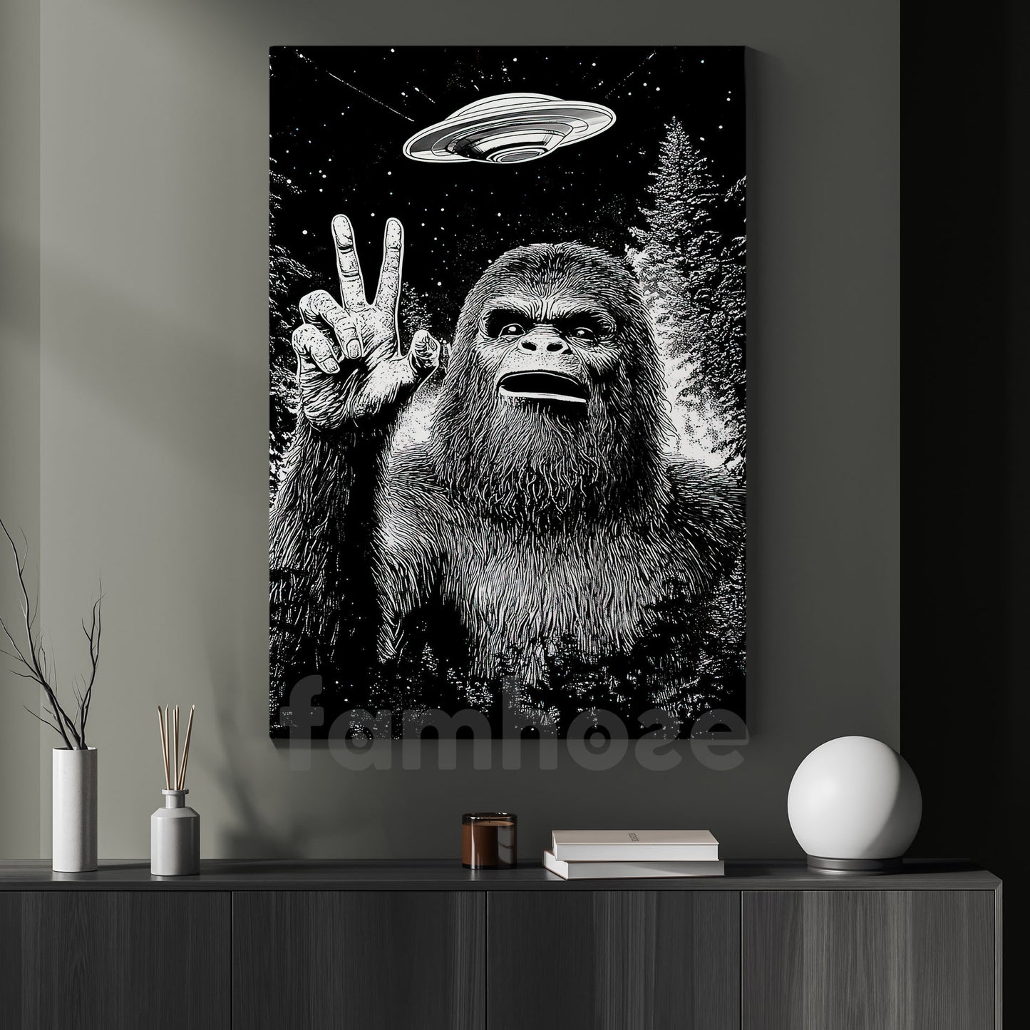 Funny Bigfoot UFO Illustration Canvas Painting, Sasquatch Alien Encounter Wall Art Decor, Poster Gift For Bigfoot Lover