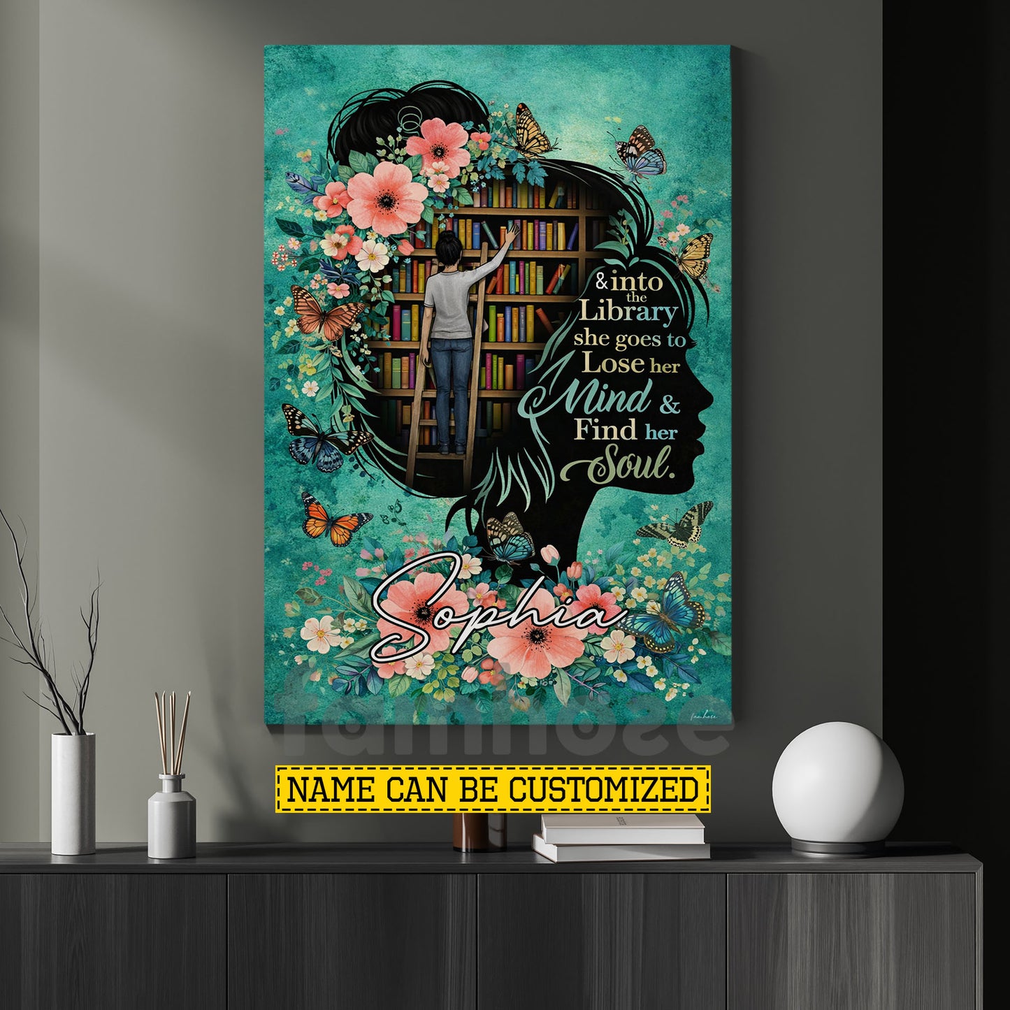 Personalized Book Girl Canvas Painting, & Into The Library Wall Art Decor, Poster Gift For Reading Lovers