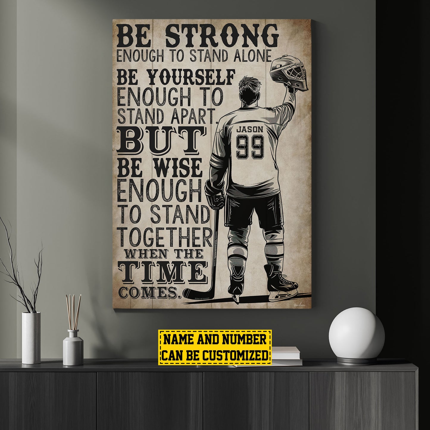 Personalized Hockey Canvas Painting, Sports Quotes Wall Art Decor, Be Strong Be Yourself Poster Gift For Hockey Lovers, Hockey Boys