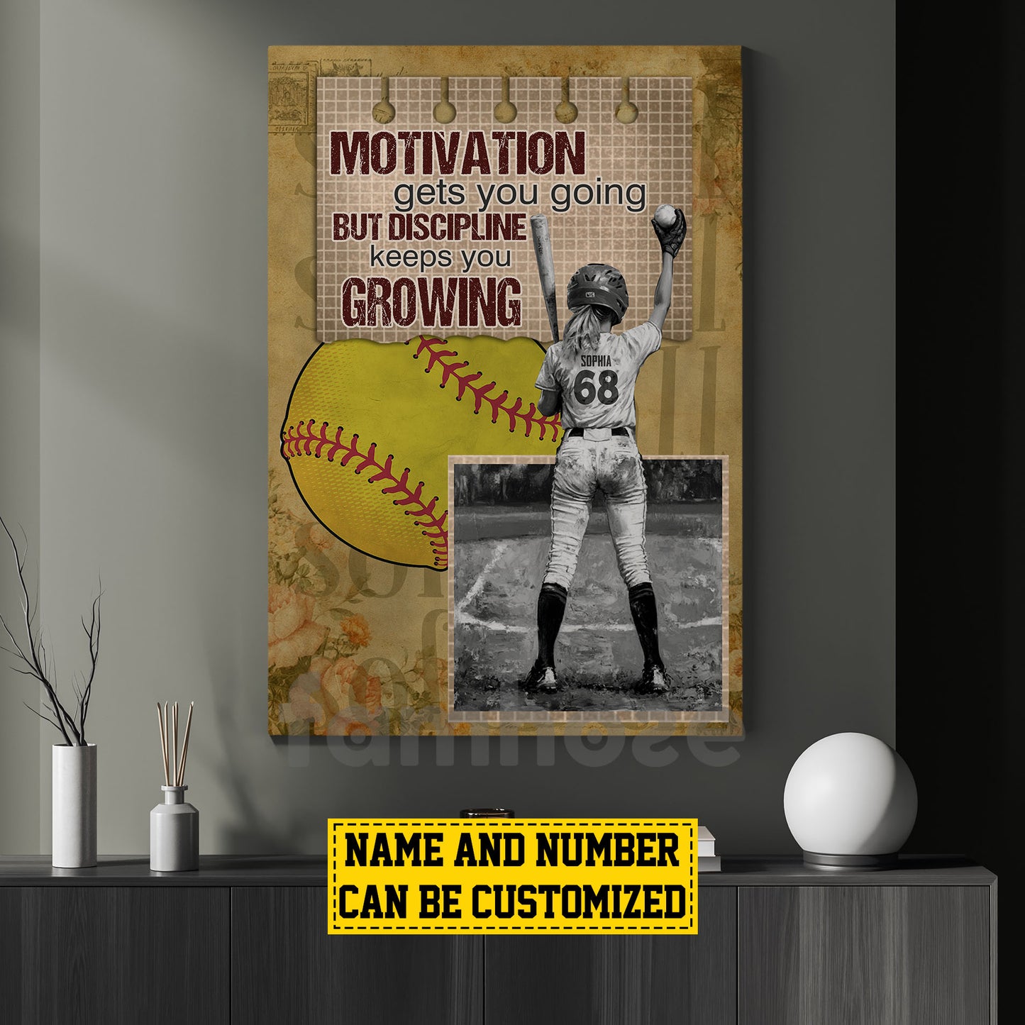 Personalized Softball Woman Canvas Painting, Motivation Gets You Going Sport Wall Art Decor, Poster Gift For Softball Lovers