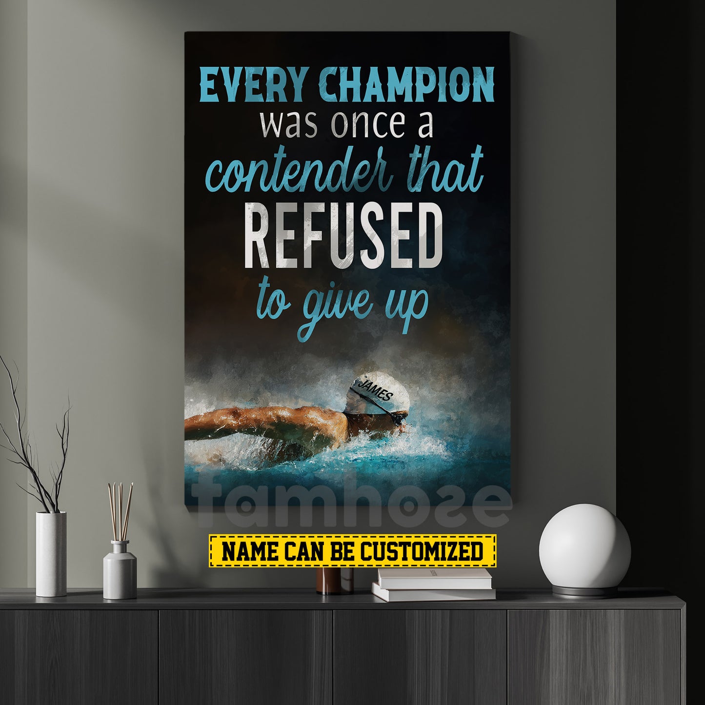 Motivational Personalized Swimming Man Canvas Painting, Every Champion Was Once A Contender Sport Wall Art Decor, Poster Gift For Swimming Lovers