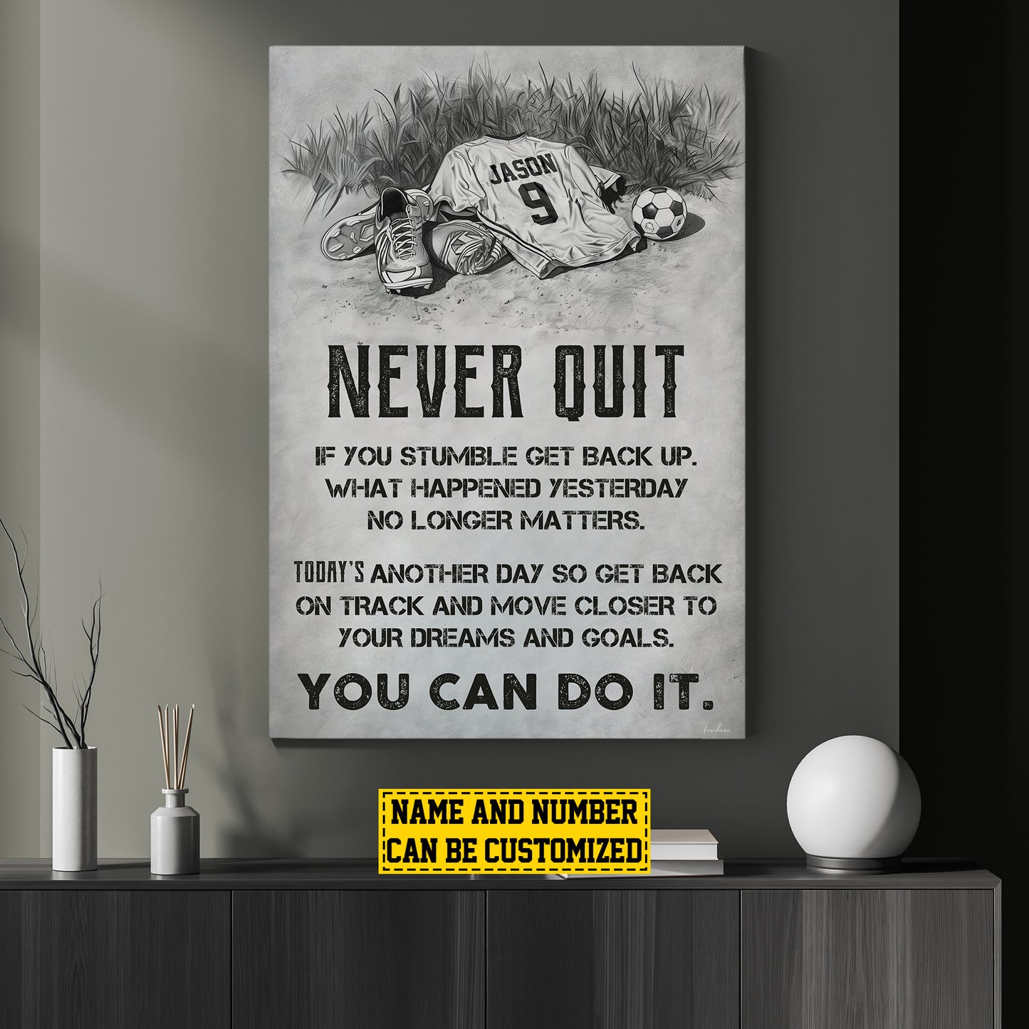 Personalized Motivational Soccer Canvas Painting, Never Quit You Can Do It, Sports Quotes Wall Art Decor, Poster Gift For Soccer Lovers, Soccer Players