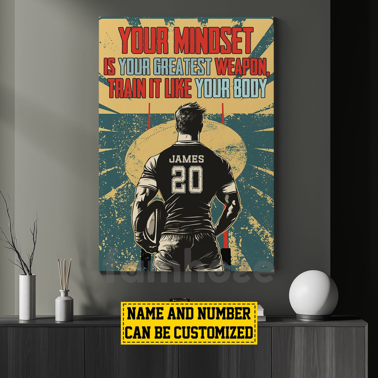 Motivational Personalized Rugby Man Canvas Painting, Your Mindset Is Your Greatest Weapon Sport Wall Art Decor, Poster Gift For Rugby Lovers