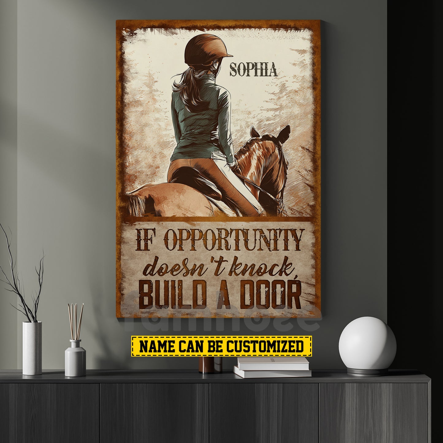 Funny Personalized Horse Riding Girl Canvas Painting, If Opportunity Doesn't Knock Inspirational Quotes Wall Art Decor, Poster Gift For Horse Girl