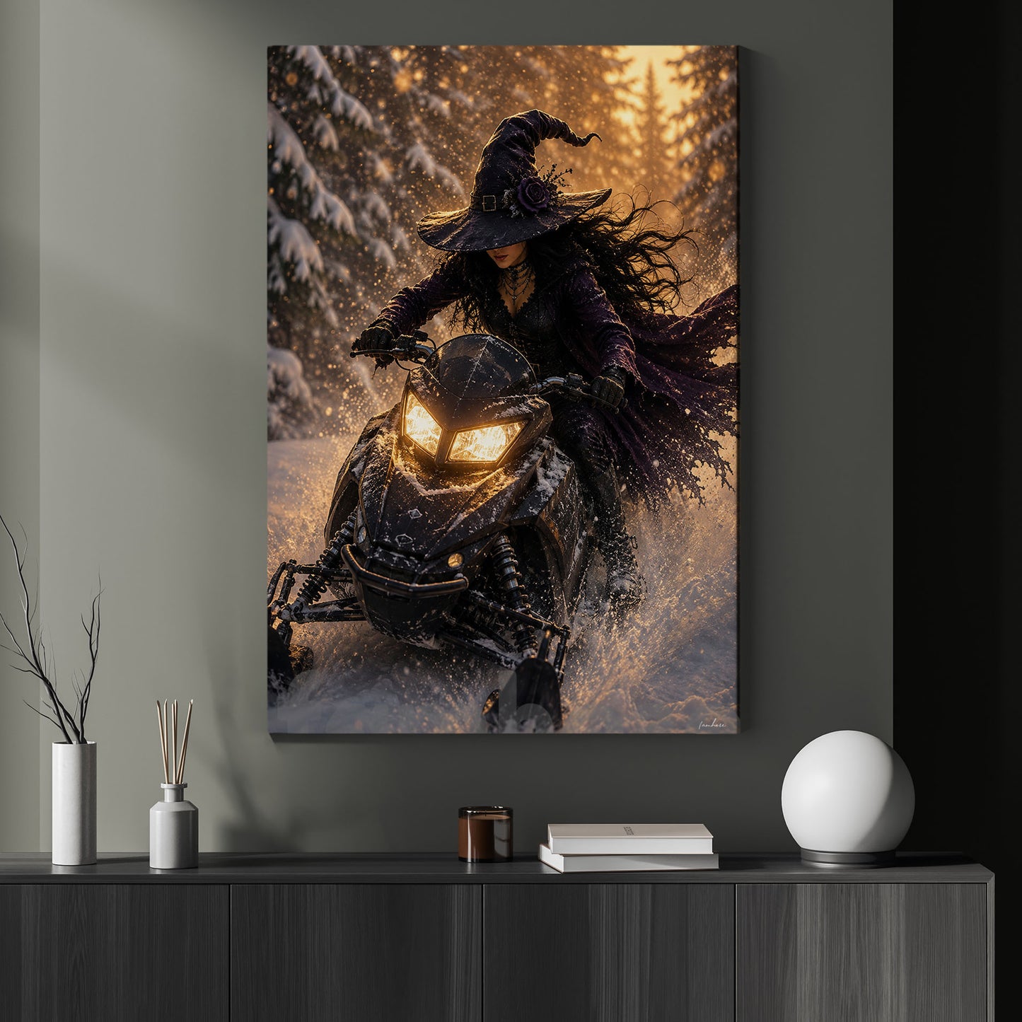 Halloween Snowmobile Witch Canvas Painting, Who Needs a Broom Wall Art Decor, Spooky Season Poster Gift For Snowmobiling Lover
