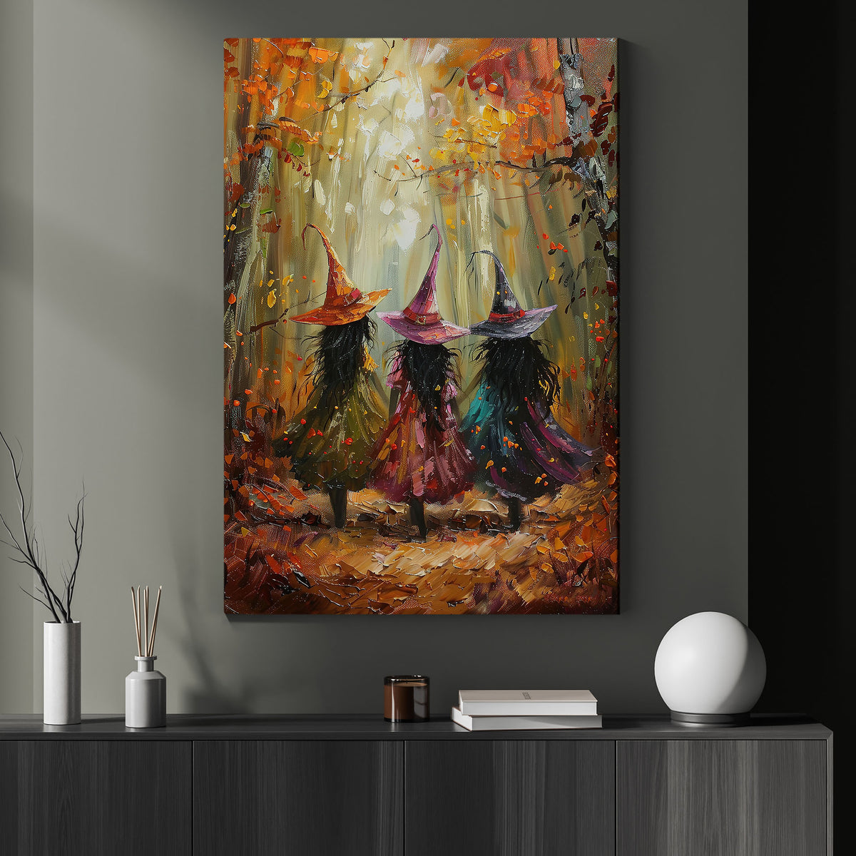 Autumn's Magical Muses, Witches Canvas Painting, Spooky Season Wall Art Decor, Halloween Poster Gift For Witch Lovers