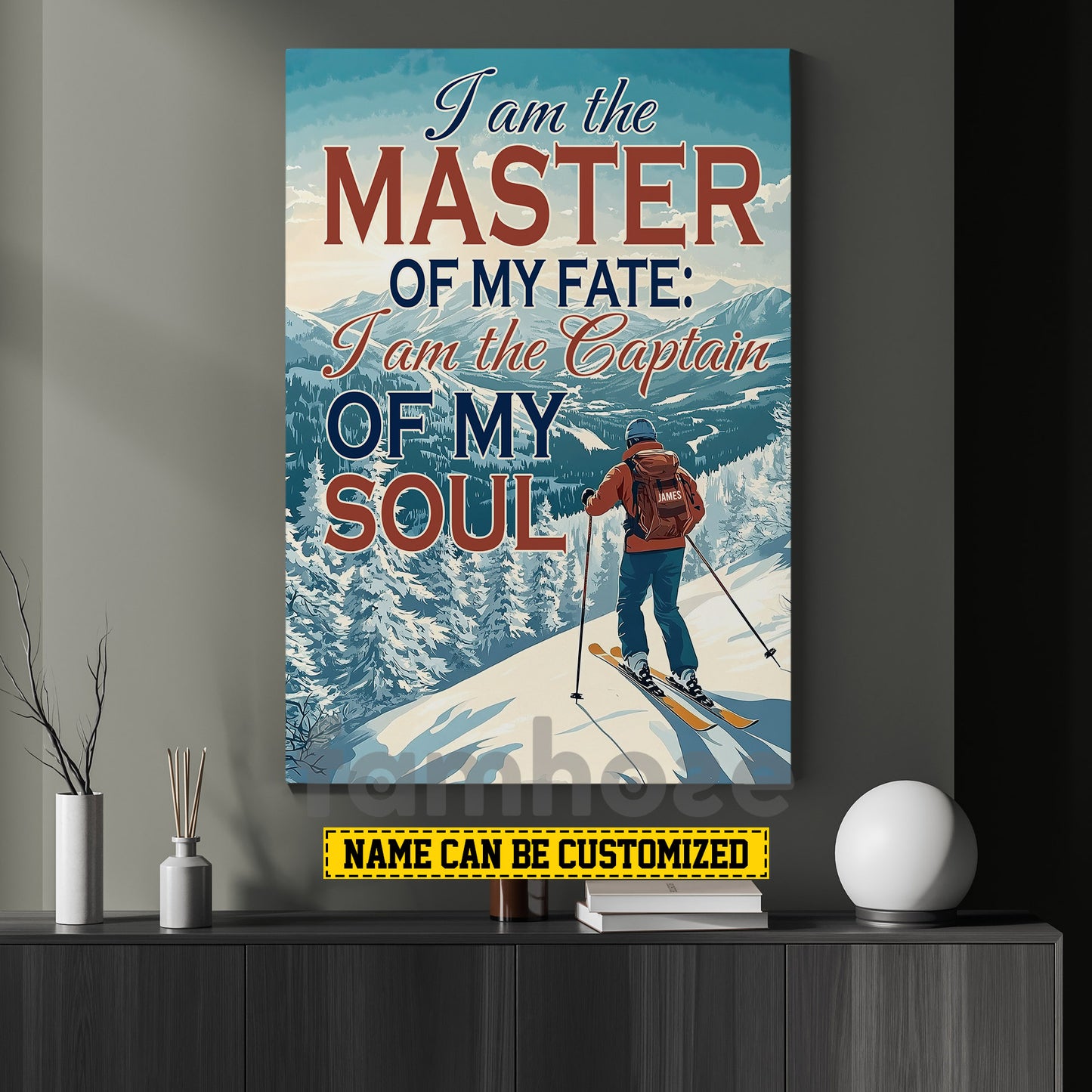 Personalized Skiing Man Canvas Painting, I Am The Master Of My Fate Wall Art Decor, Poster Gift For Skiing Lovers