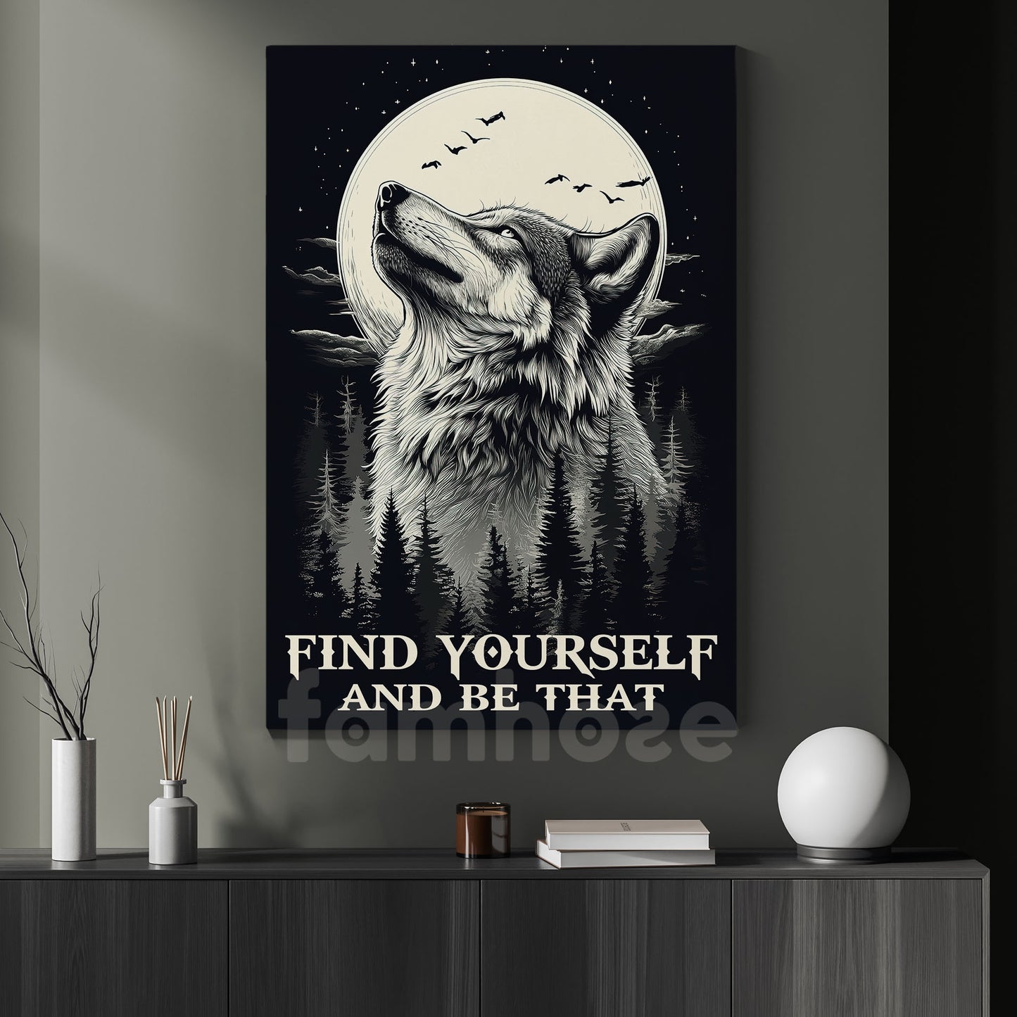 Find Yourself And Be That, Motivational Wall Art Decor, Inspirational Canvas Painting for Office, Living Room, or Workspace, Gift For Wolf Lovers