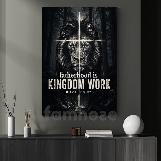 Jesus & Lion Canvas Painting, Fatherhood Is Kingdom Work Wall Art Decor, Poster Retro Style Gift For Christians, Lion Lover