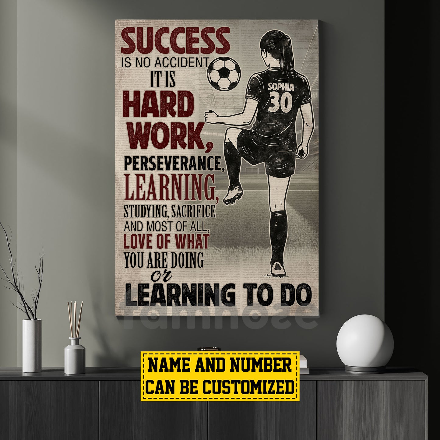 Motivational Personalized Soccer Girl Canvas Painting, Hard Work Learning To Do Wall Art Decor, Poster Gift For Soccer Lovers