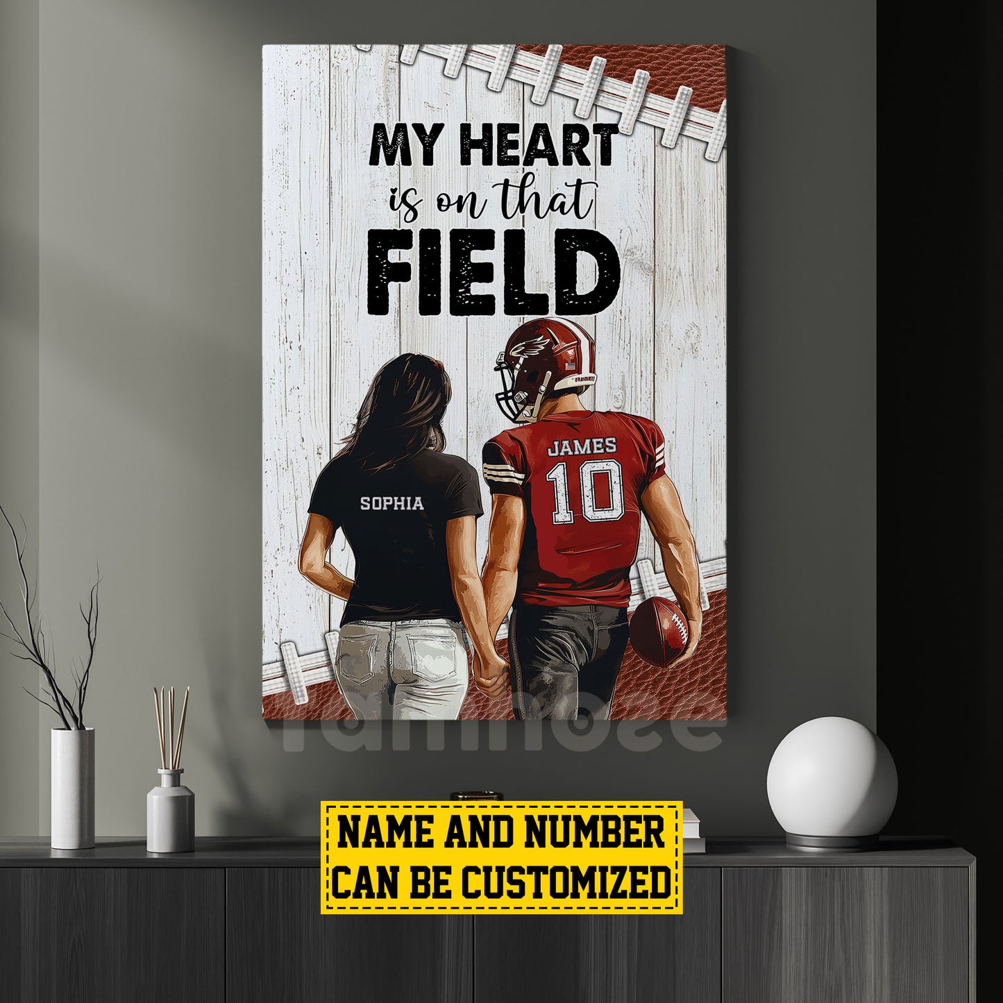 Romantic Personalized Football Couple Canvas Painting, My Heart Is On That Field Sports Wall Art Decor, Valentine's Day Poster Gift For Football-Loving Couple