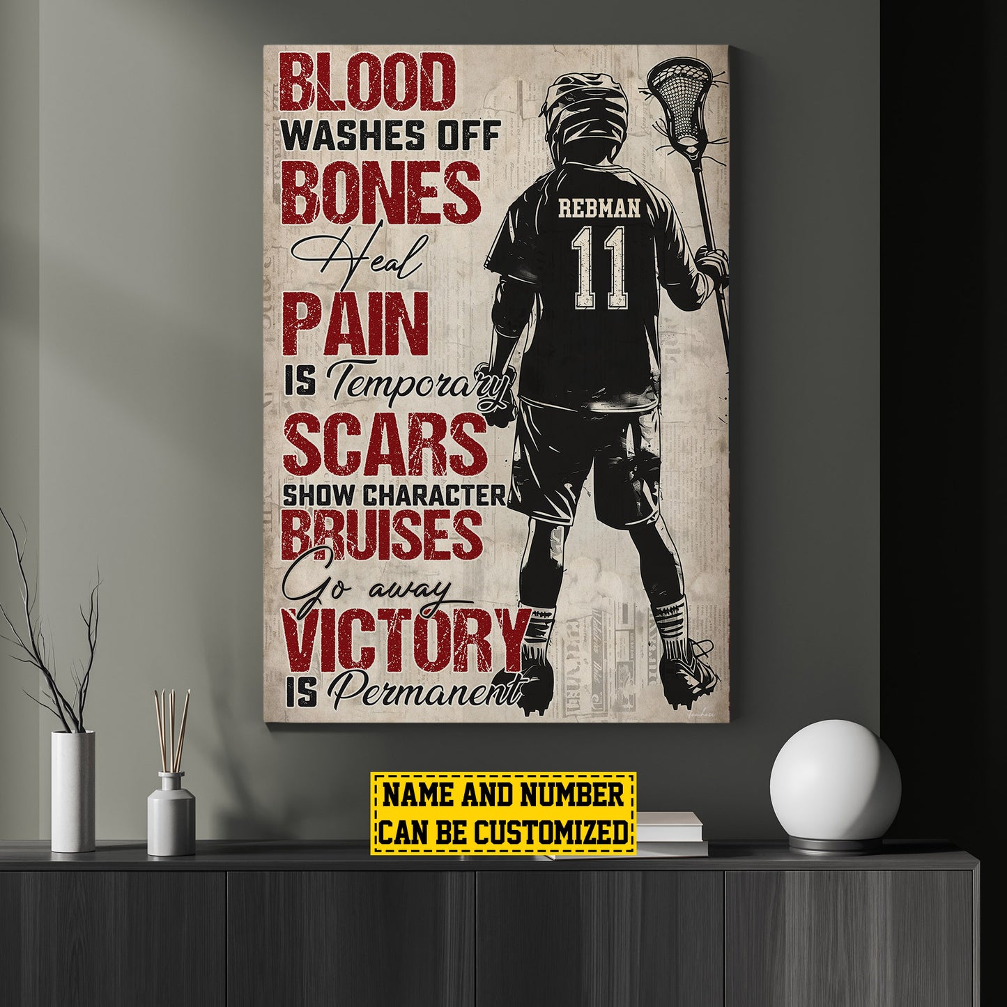 Personalized Motivational Lacrosse Canvas Painting, Blood Bones Pain Scars Victory, Sports Quotes Wall Art Decor, Poster Gift For Lacrosse Lovers, Lacrosse Boys