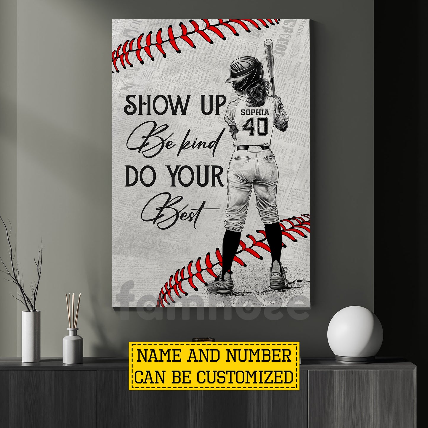 Personalized Softball Kid Girl Canvas Painting, Show Up Be Kind Do Your Best Sport Wall Art Decor, Poster Gift For Softball Lovers