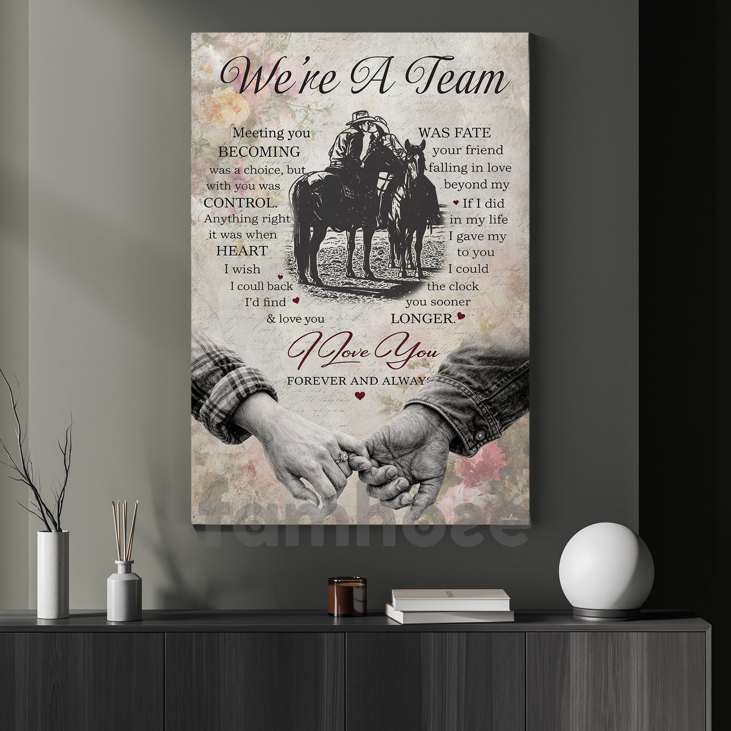 Cowboy Cowgirl Couple Canvas Painting, We're A Team Wall Art Decor, Valentine Poster Gift For Western Couple