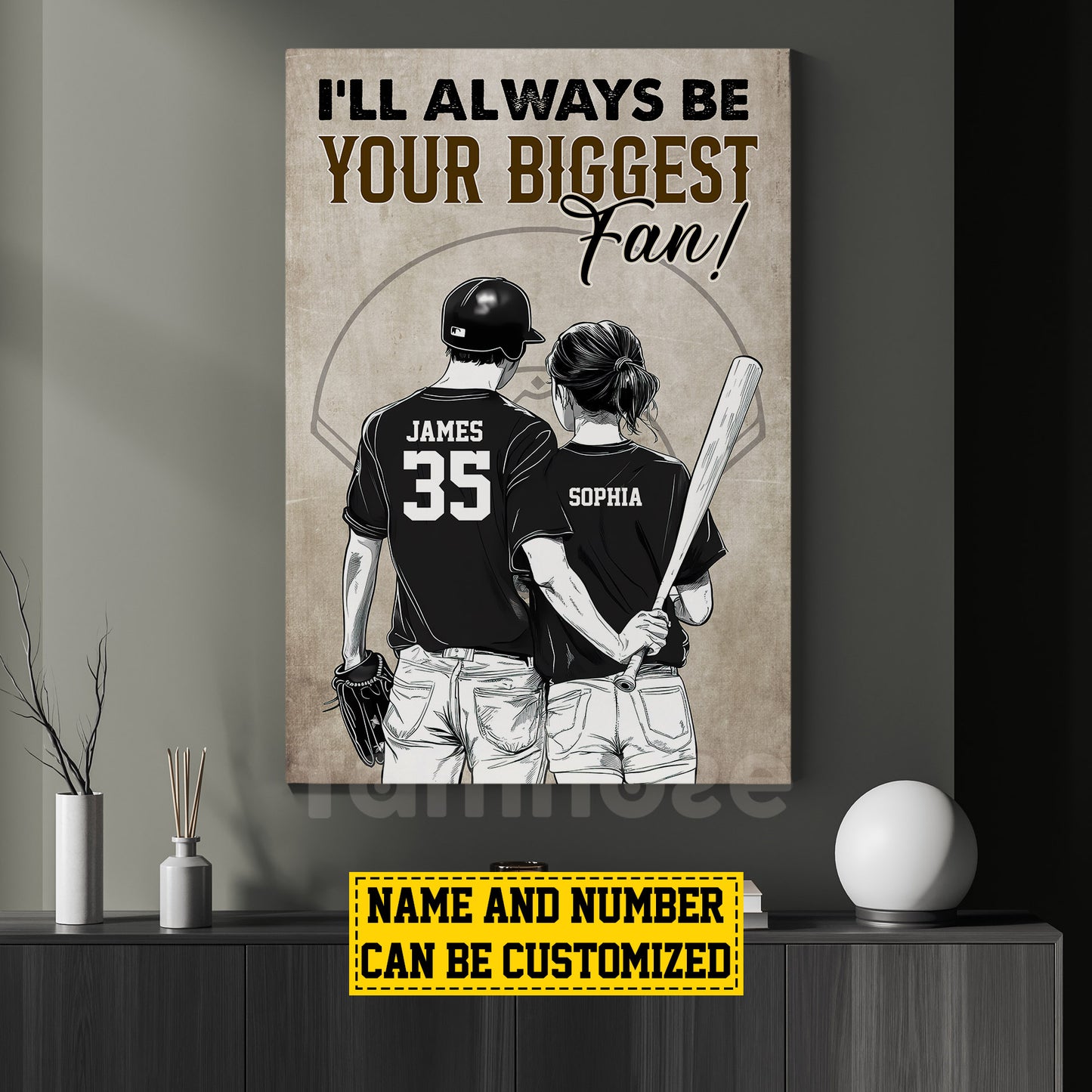 Romantic Personalized Baseball Couple Canvas Painting, I'll Always Be Your Biggest Fan Sports Wall Art Decor, Valentine's Day Poster Gift For Baseball-Loving Couple