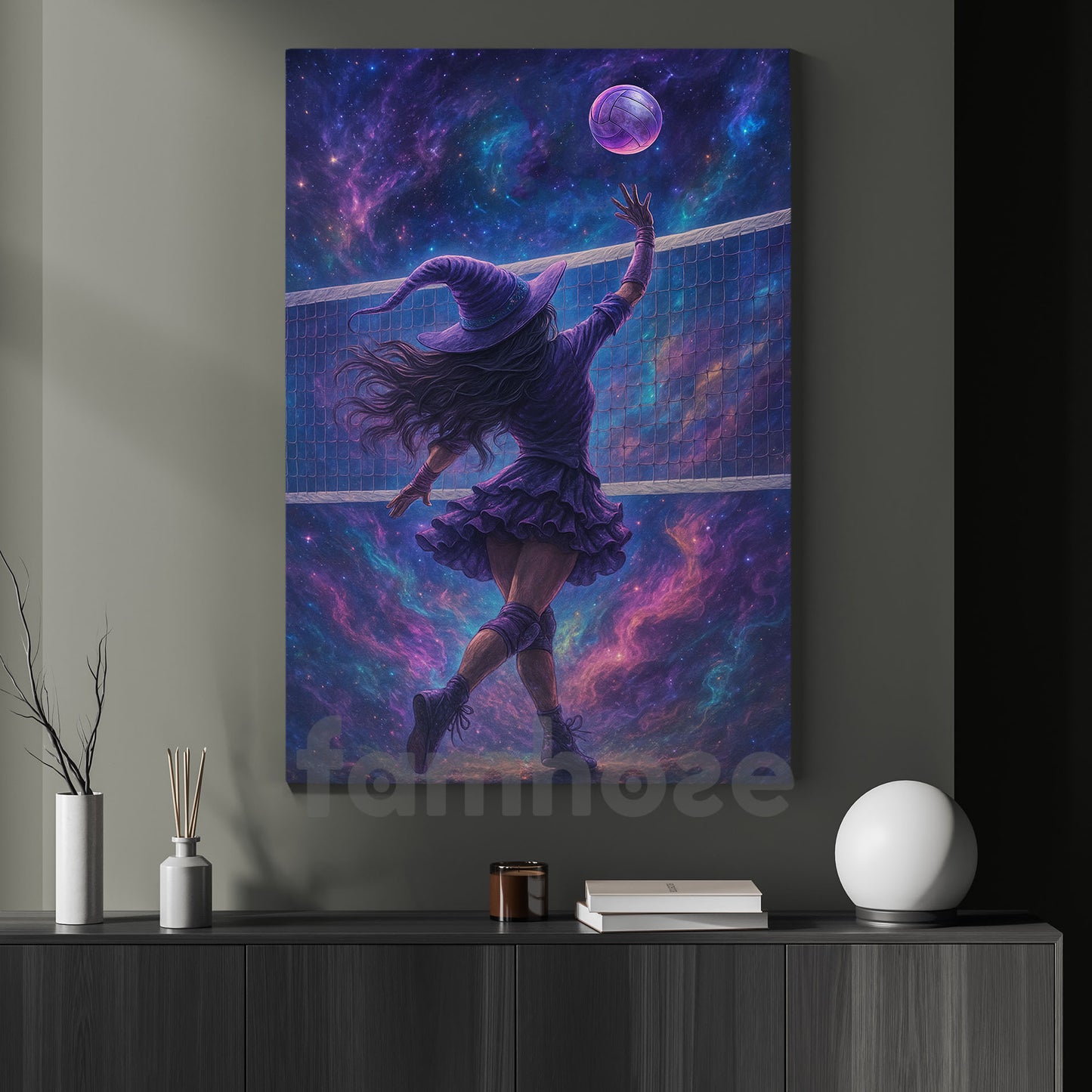 Halloween Volleyball Witch Canvas Painting, Volleyball Witch In Space Wall Art Decor Spooky Season Poster Gift For Volleyball Lovers