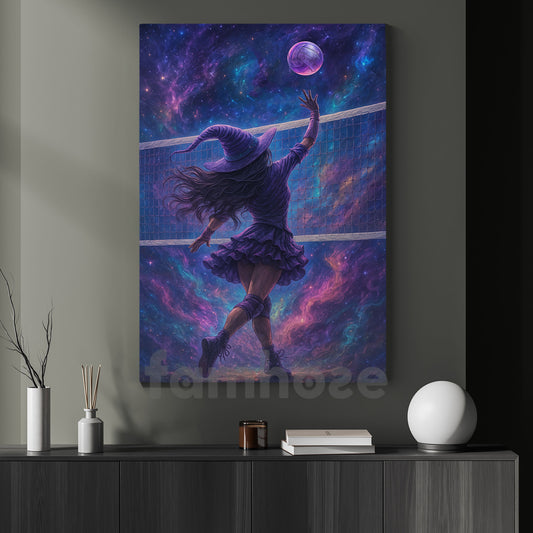 Halloween Volleyball Witch Canvas Painting, Volleyball Witch In Space Wall Art Decor Spooky Season Poster Gift For Volleyball Lovers
