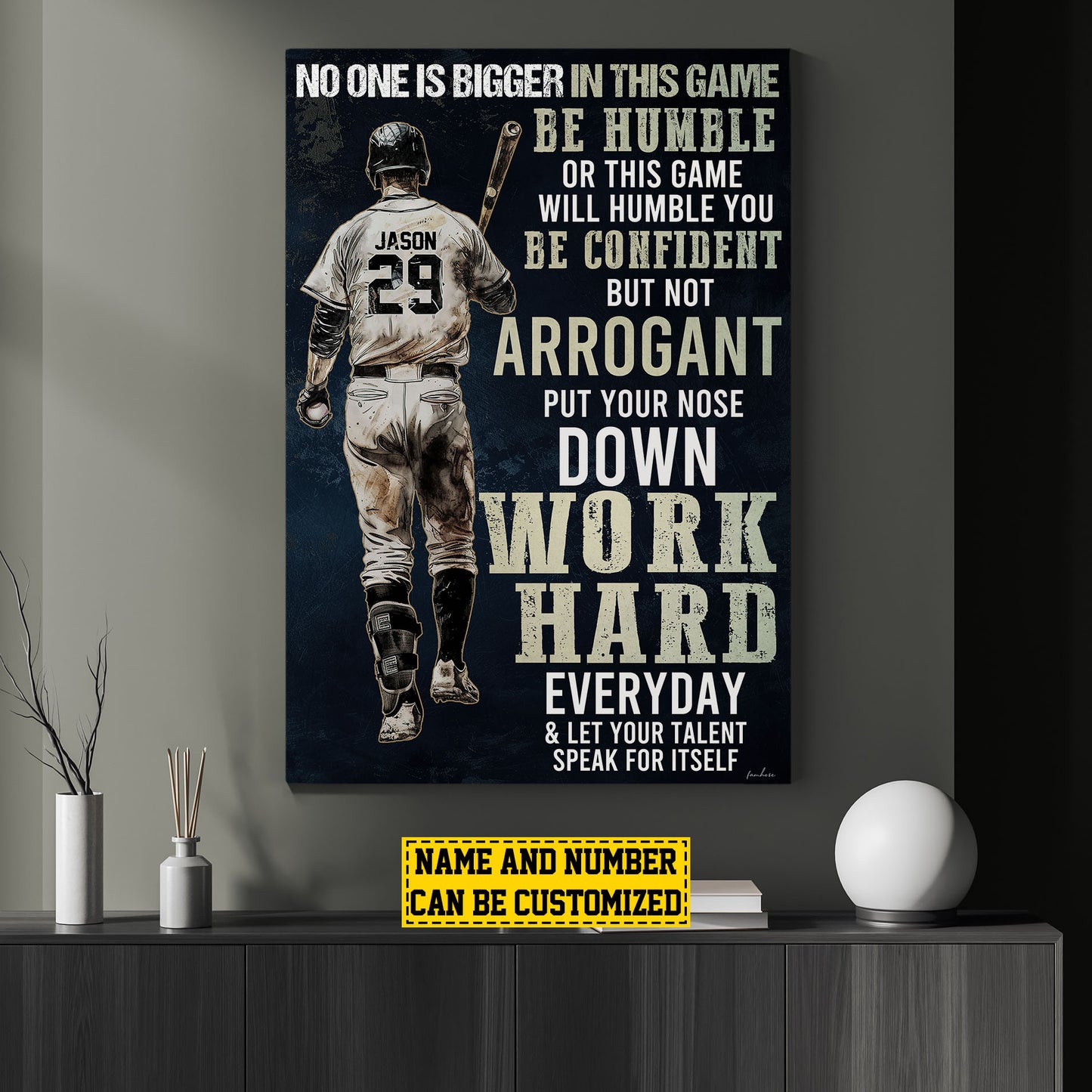 Work Hard Every Day, Personalized Baseball Boy Canvas Painting, Sports Quotes Wall Art Decor, Poster Gift For Baseball Lovers, Baseball Boys