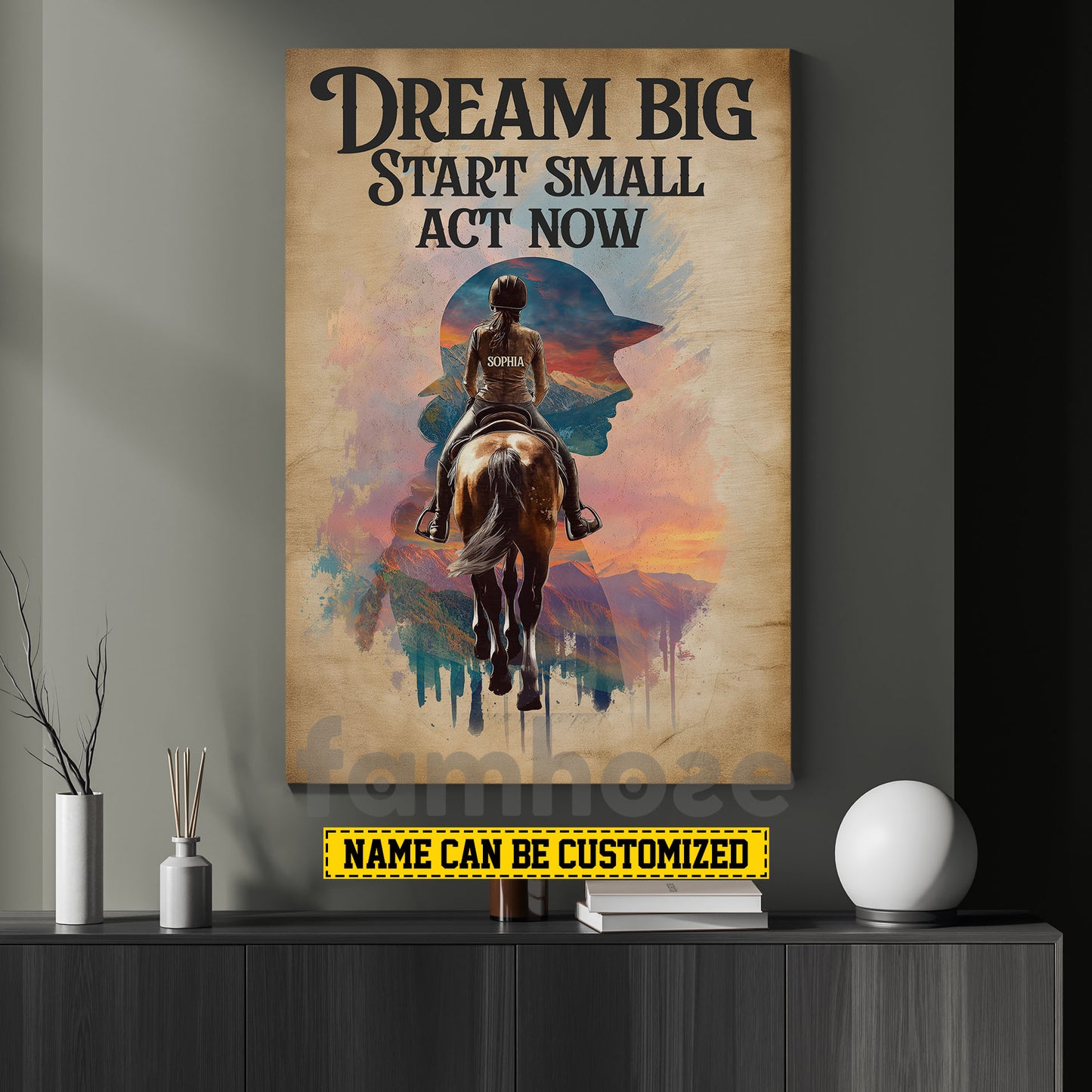 Personalized Horse Riding Girl Canvas Painting, Dream Big Start Small Act Now Inspirational Quote Wall Art Decor, Poster Gift For Horse Girl
