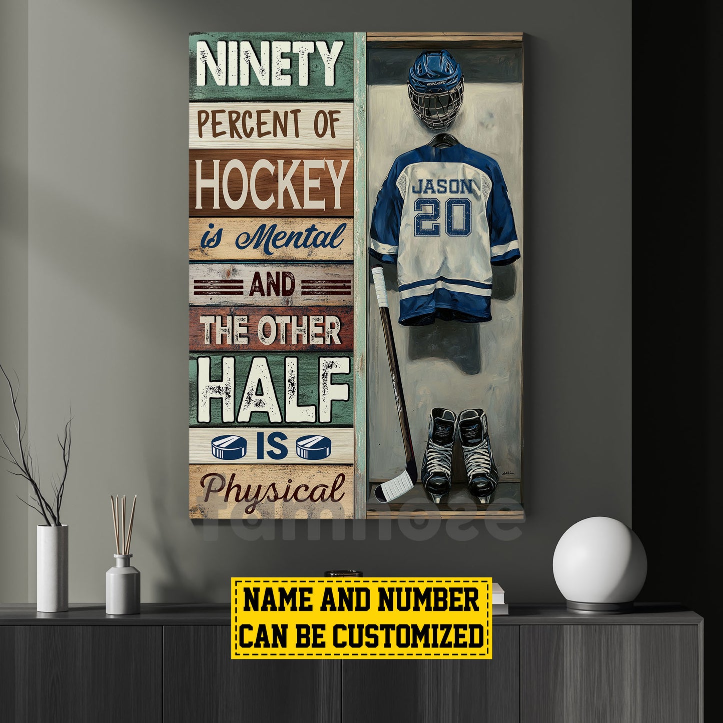 Personalized Hockey Canvas Painting, Ninety Percent Of Hockey Is Mental Sports Wall Art Decor, Poster Gift For Hockey Lovers