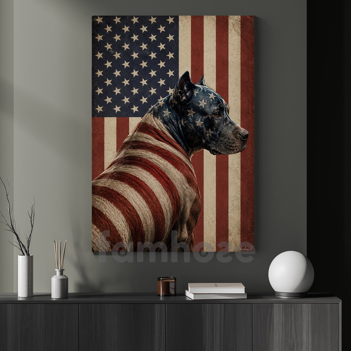 July 4th Pitbull Dog USA Flag Canvas Painting, Freedom Guardian Wall Art Decor, Independence Day Poster Gift For Pitbull Lover