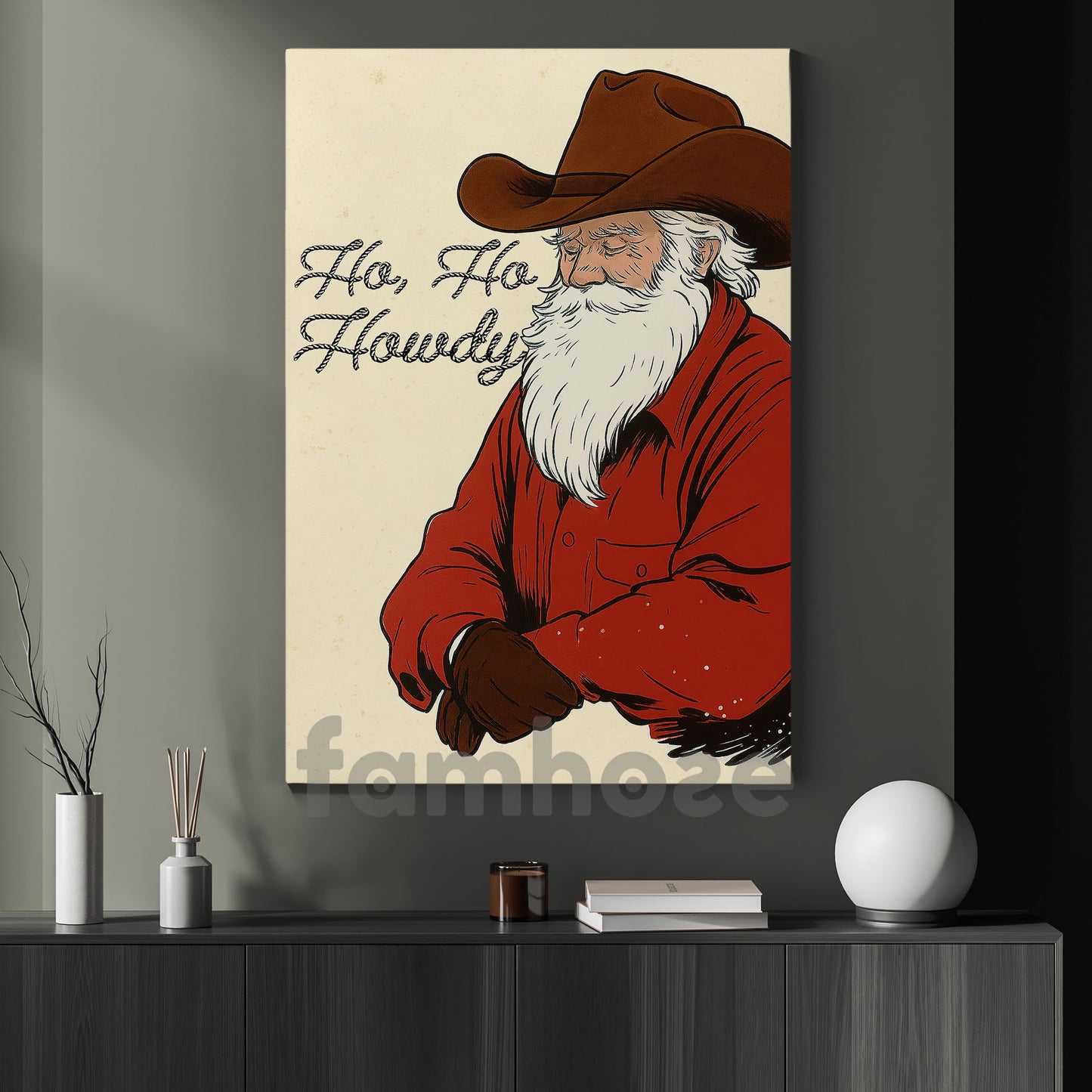 Christmas Old Santa Cowboy  Canvas Painting, Ho Ho Howdy Wall Art Decor, Xmas Poster Gift For Cowboys